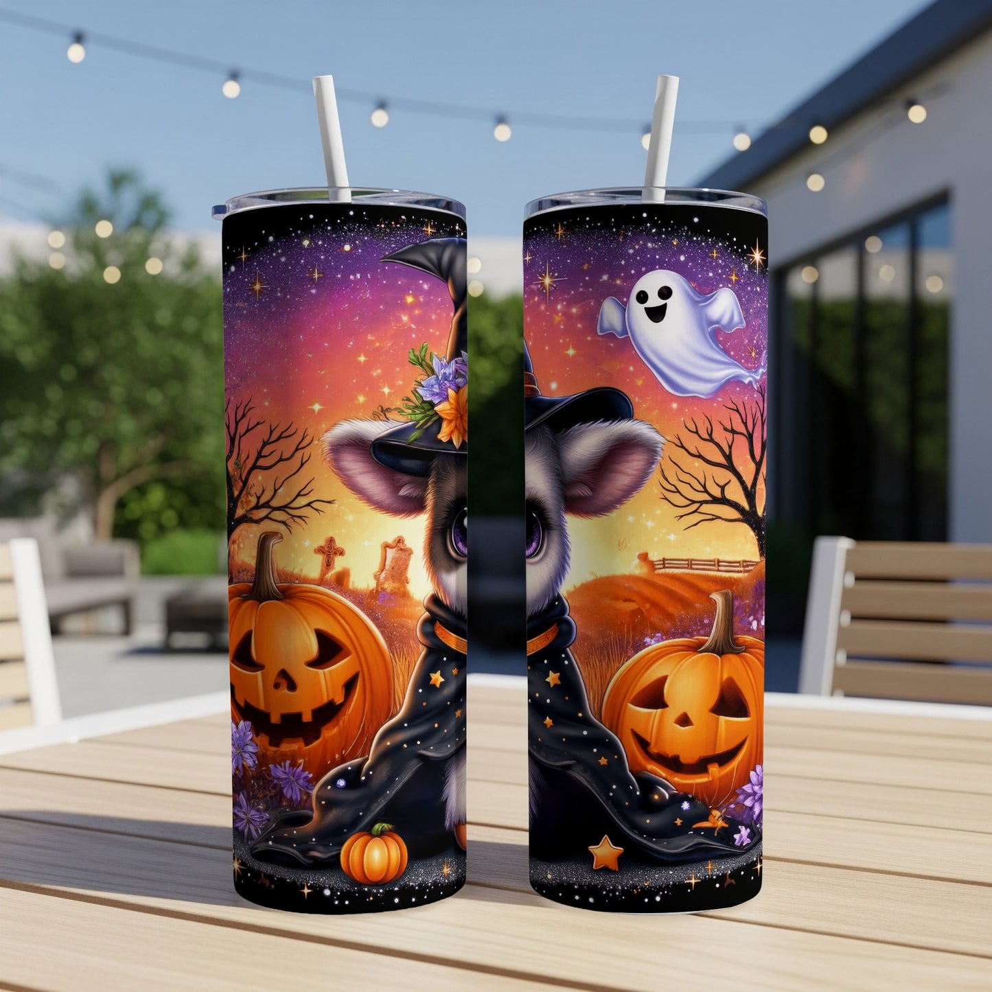 Halloween themed tumbler with a ghost, pumpkins, and a costumed rat character.