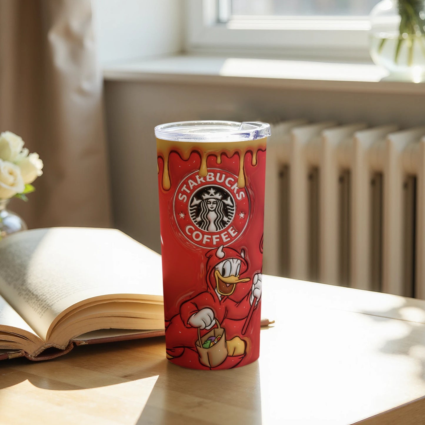 Vibrant red Starbucks tumbler with unique splash design