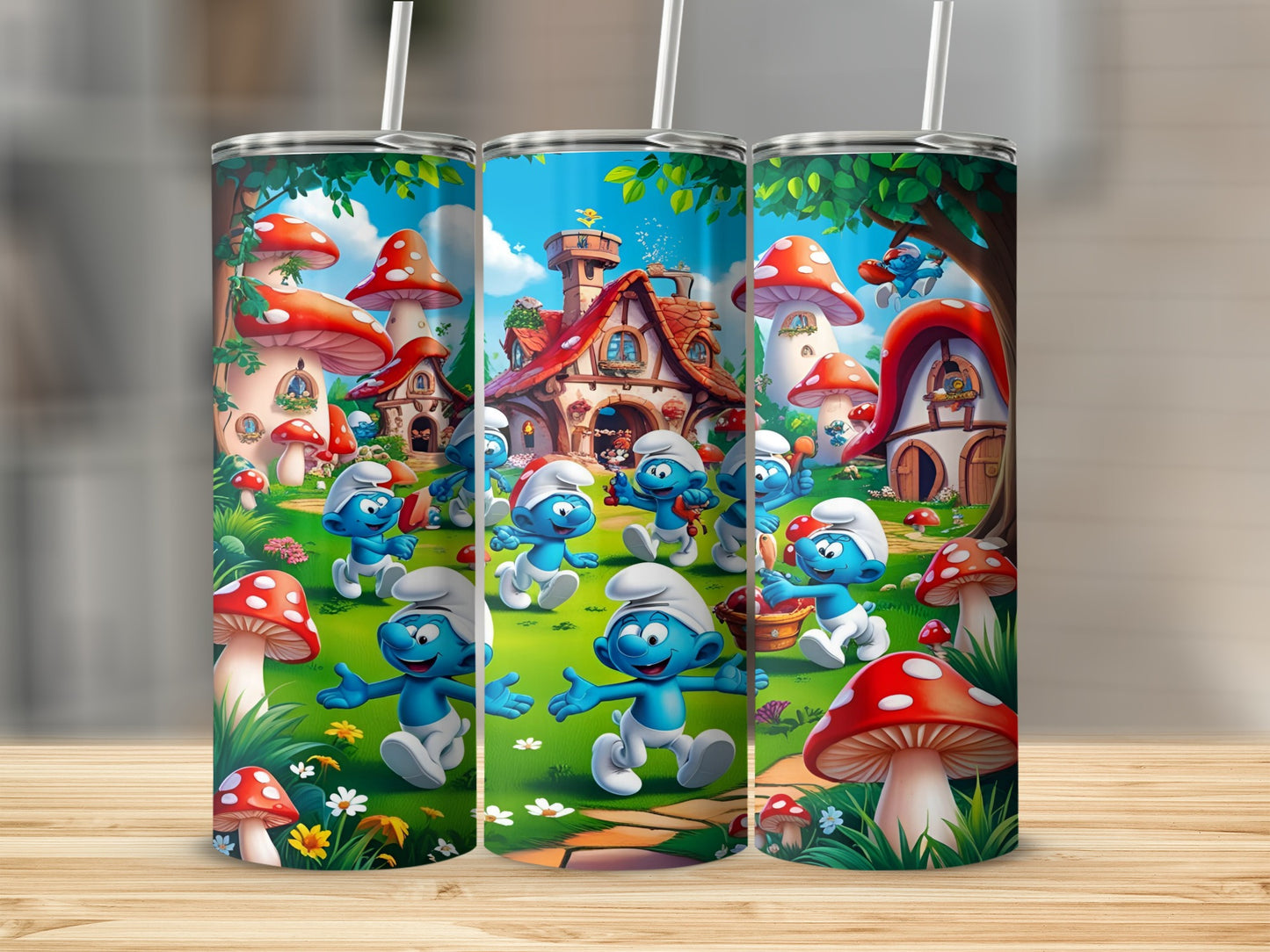 Smurfs celebrating in front of mushroom houses in a forest.