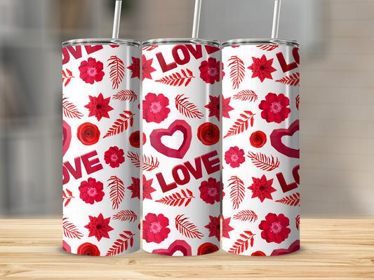 Floral Love-Themed Design on Red and White Tumbler