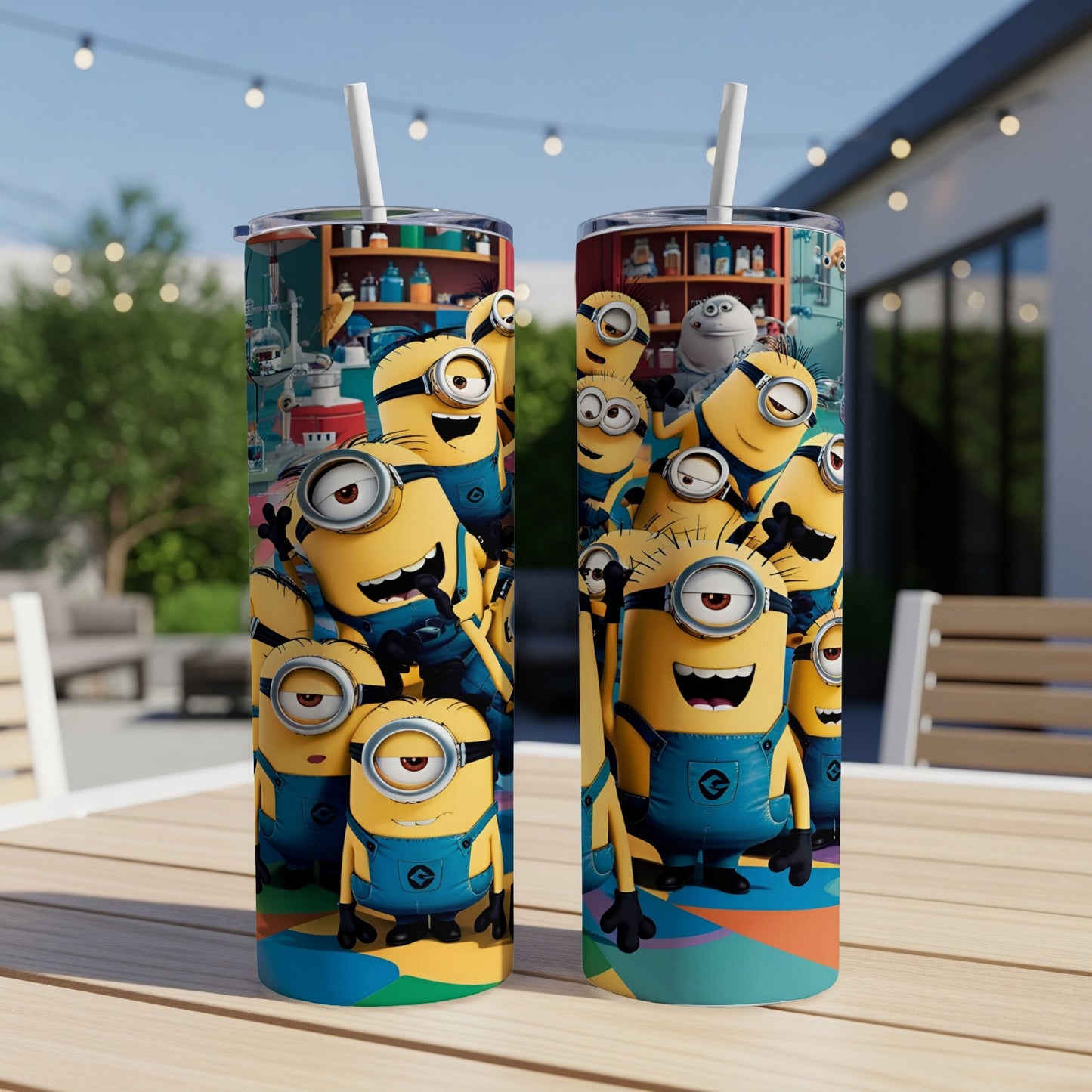 Minions characters on a tumbler, with laboratory background.
