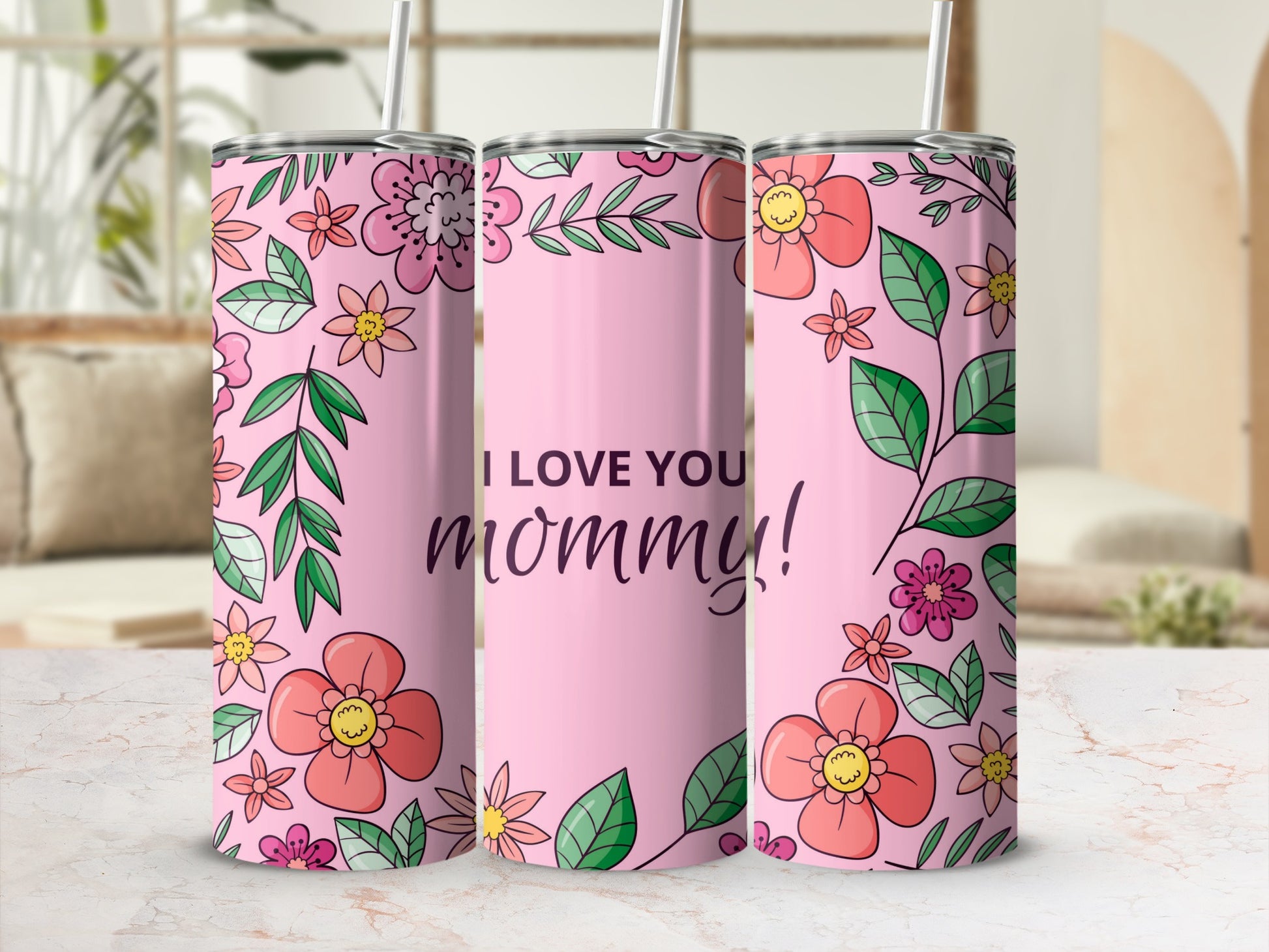 I Love You Mommy Floral Print Tumbler with Straw