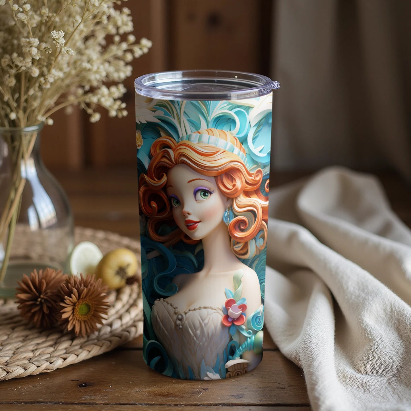 Enchanting Redhead Mermaid Art on Tumbler