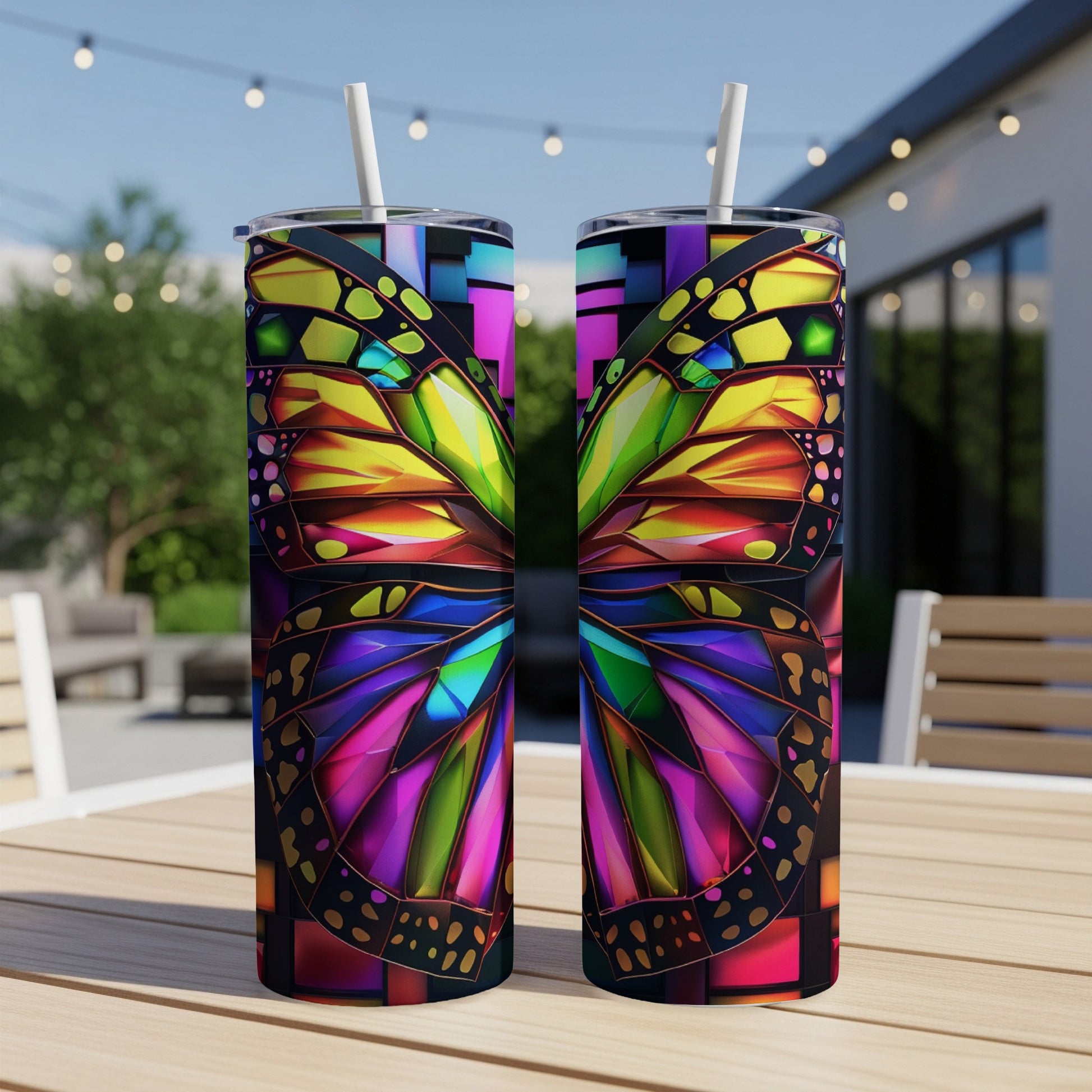 Two colorful stained-glass butterfly wing tumblers on a table.