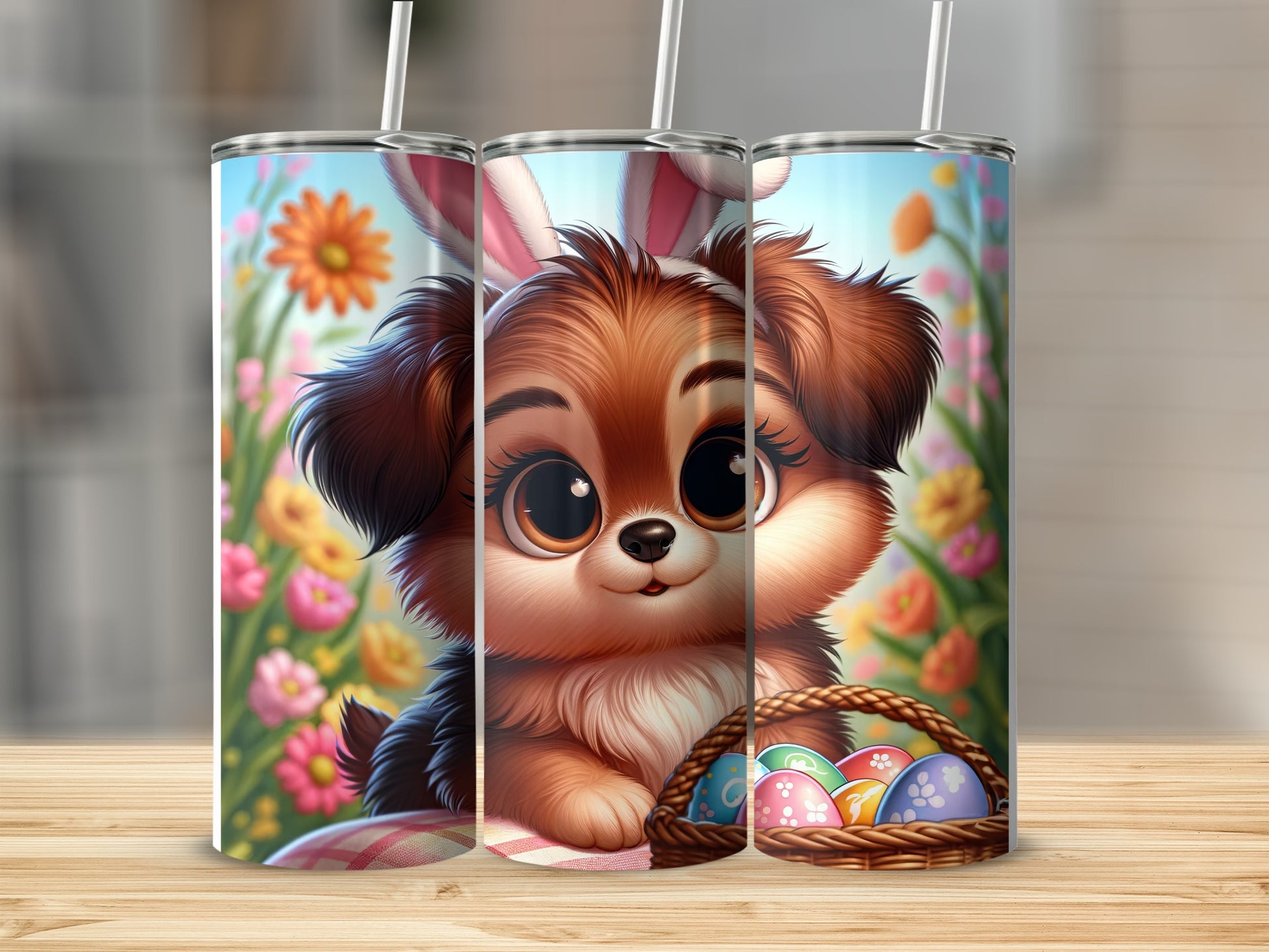 Puppy with Easter bunny ears and basket of colorful eggs.
