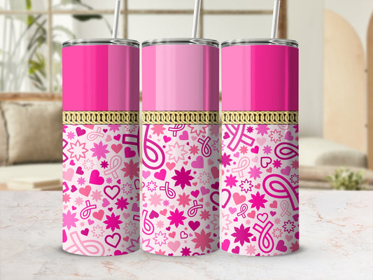 Three tumblers with pink gradient tops and breast cancer ribbon and heart patterns.
