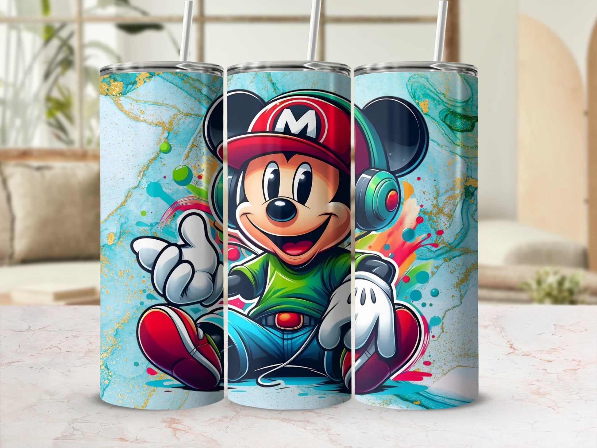 Playful Cartoon Character with Headphones Travel Mug