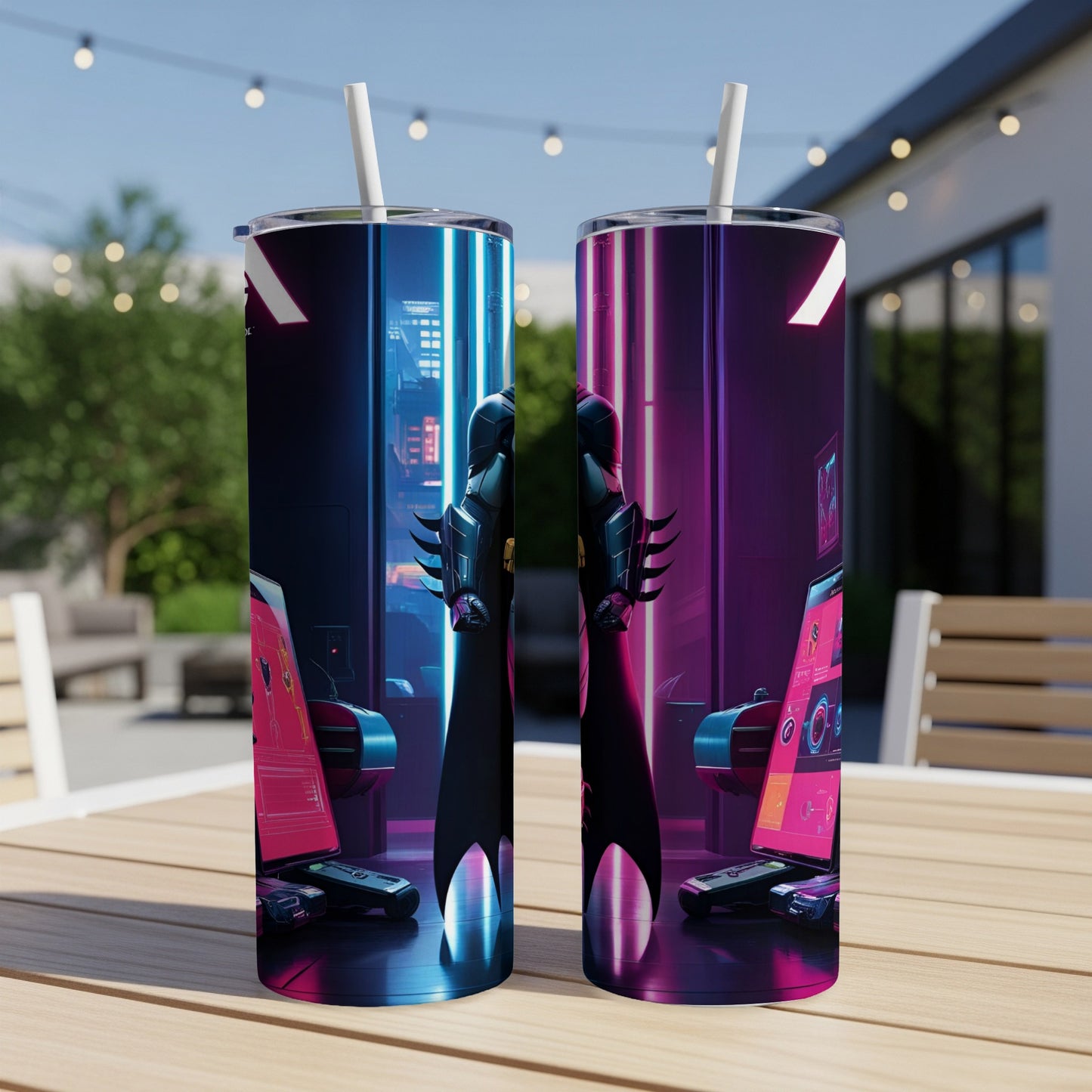Two tumblers with a neon futuristic cityscape and robot design.