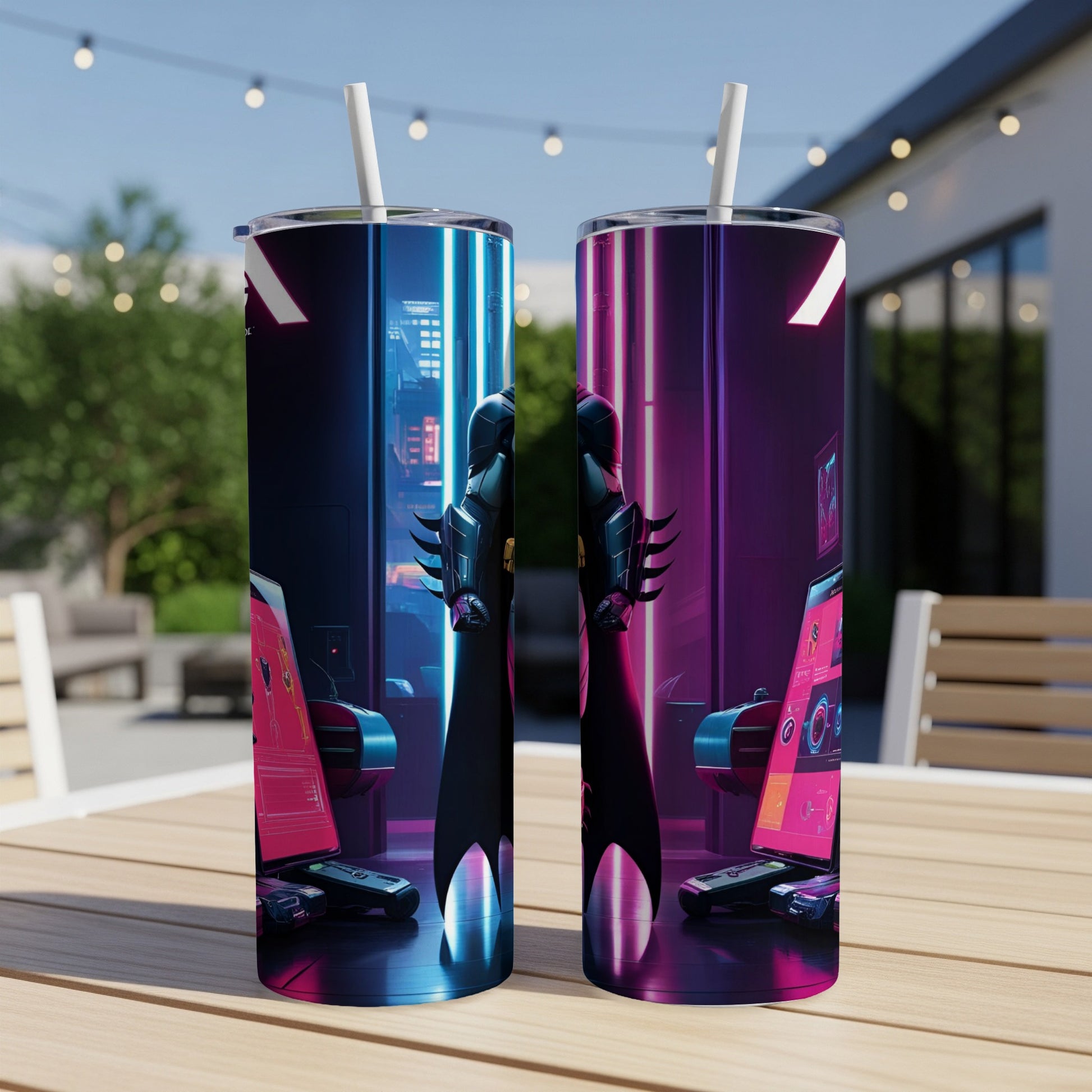 Two tumblers with a neon futuristic cityscape and robot design.