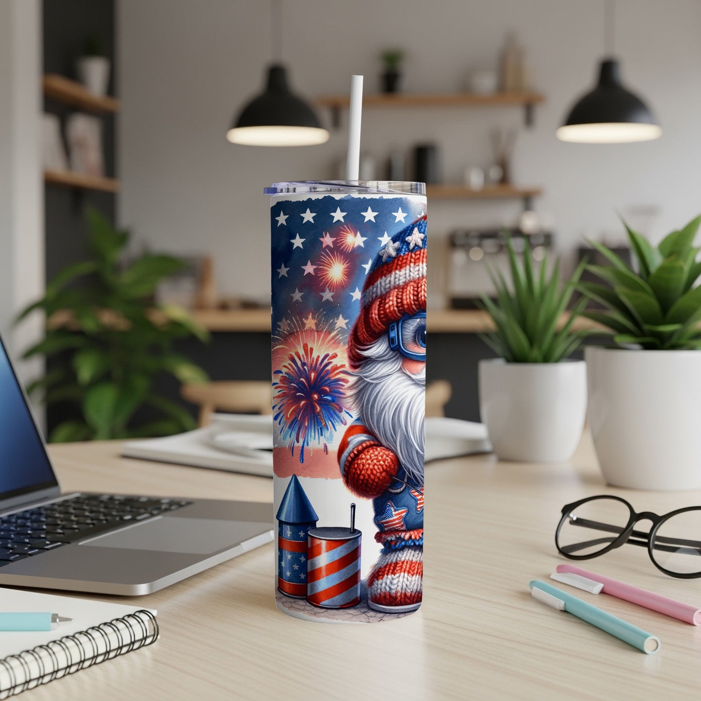 Santa Claus tumbler with fireworks and American flag pattern.