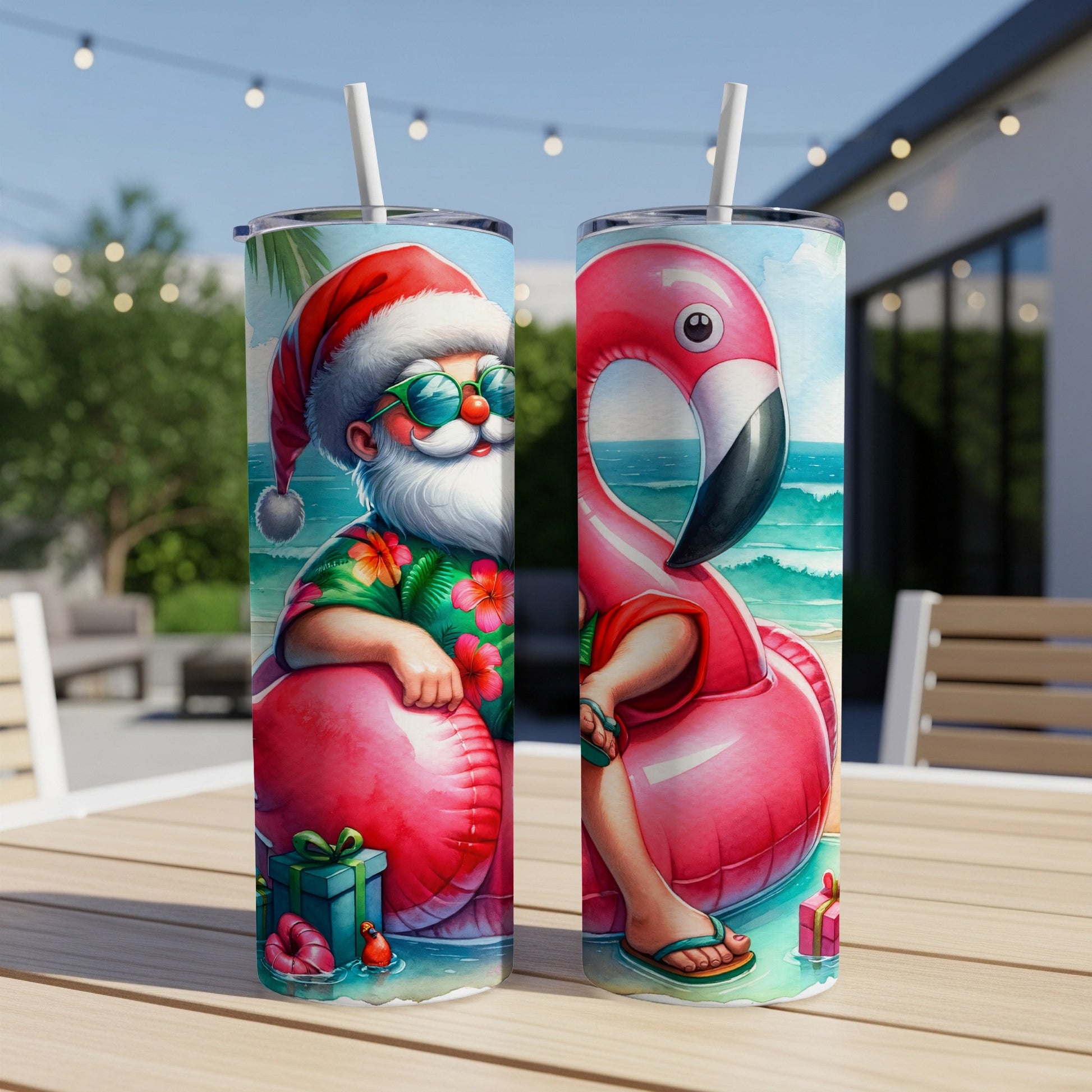 Santa Claus and a flamingo float on a beach.