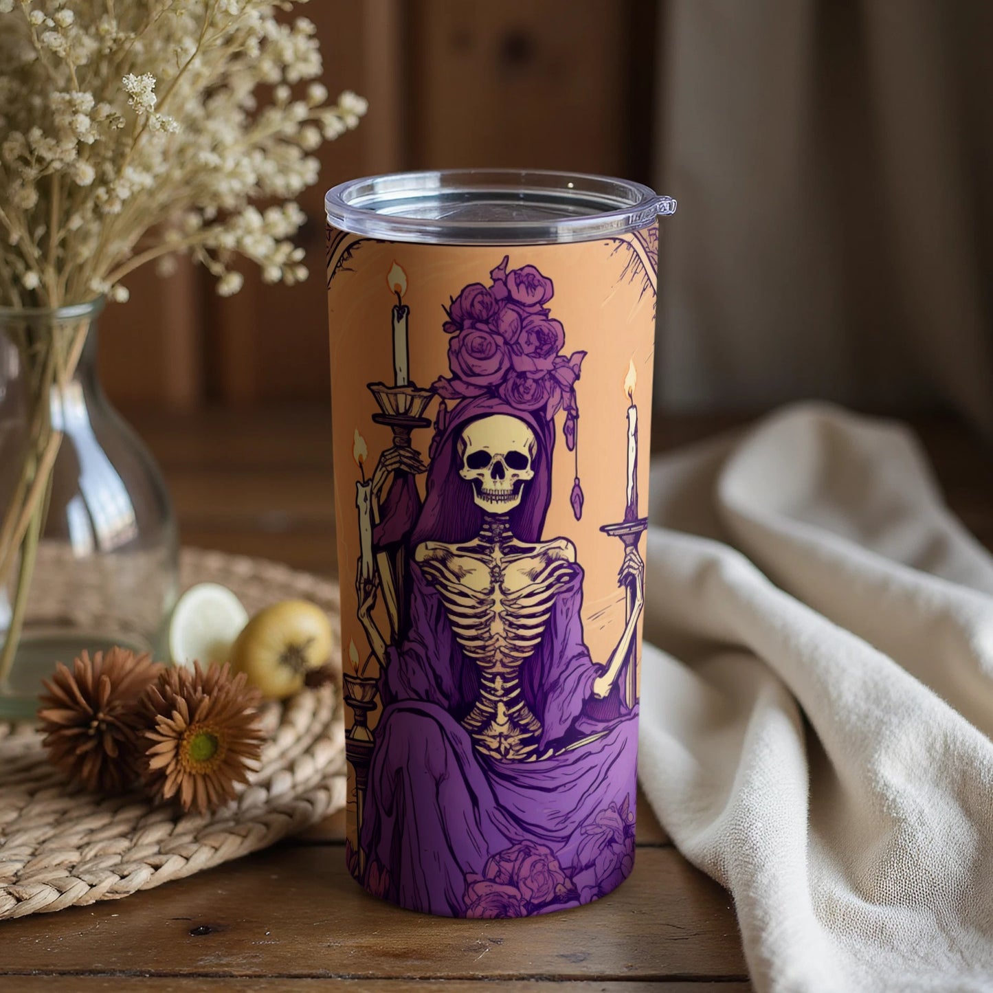 Gothic Skeleton Holding Candles Insulated Tumbler