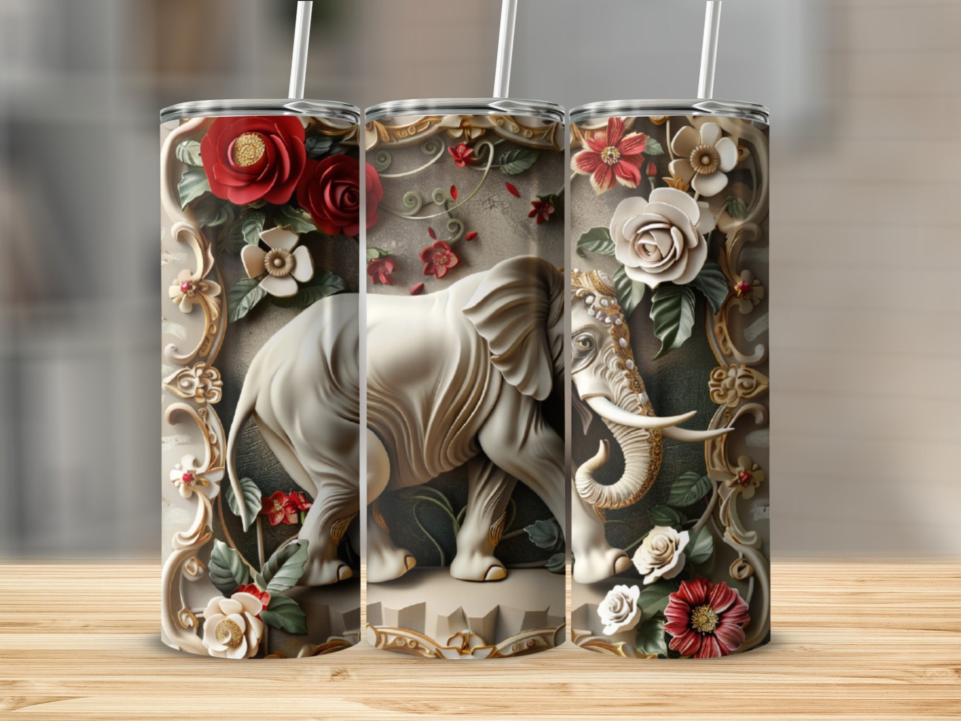 White elephant figurine with floral accents on a decorative tumbler.