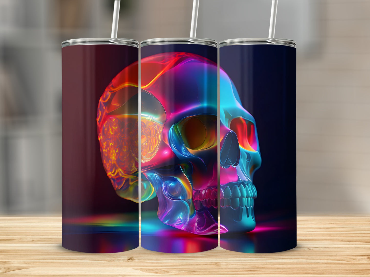 Three tumblers featuring a colorful, translucent skull design.