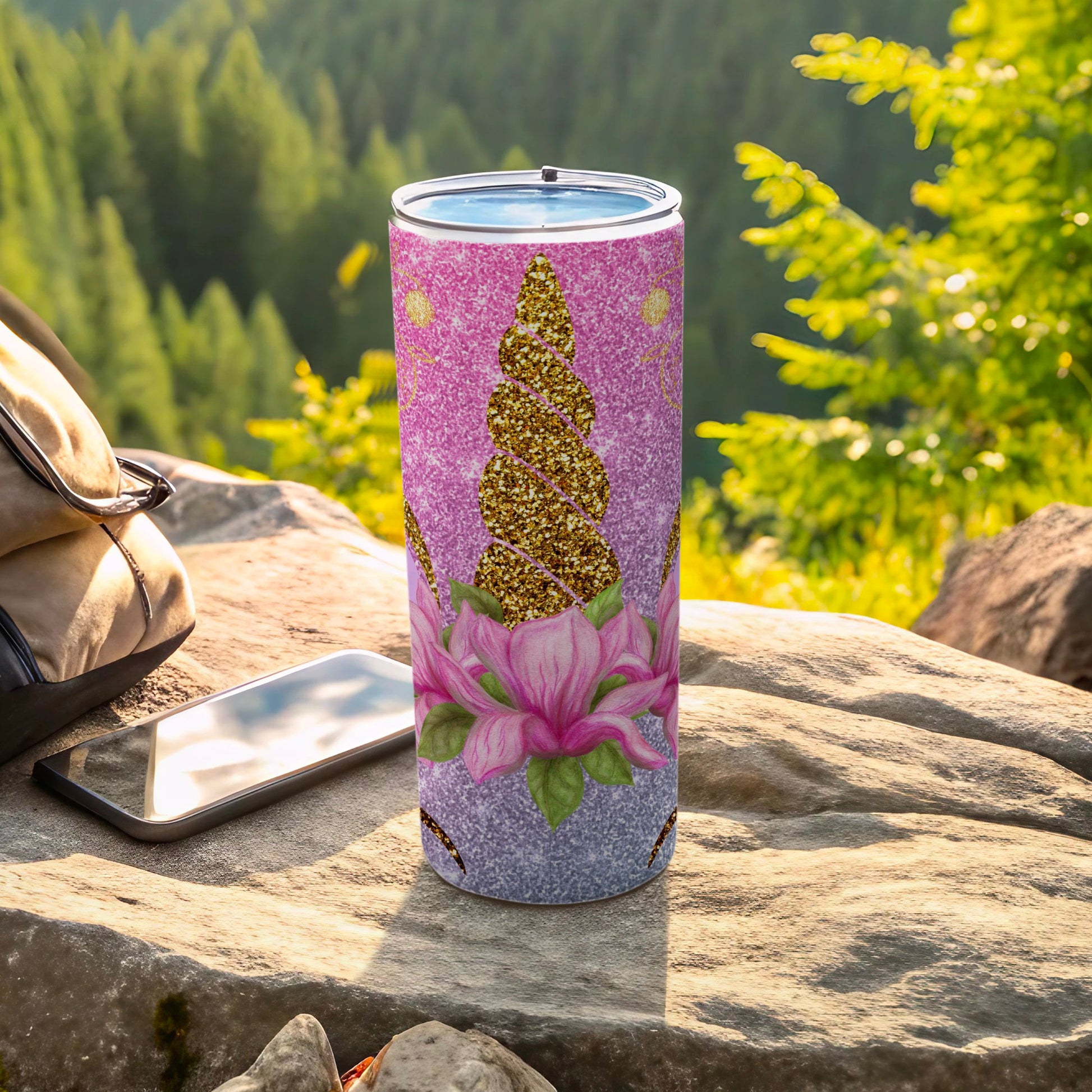 Sparkling Unicorn Horn Tumbler with Floral Design
