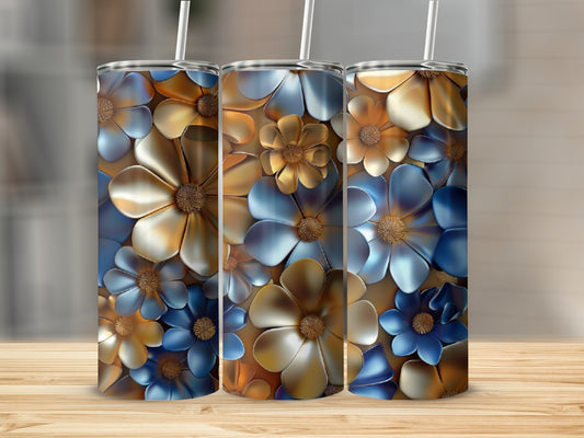 Three tumblers with a metallic floral design in blue and gold.