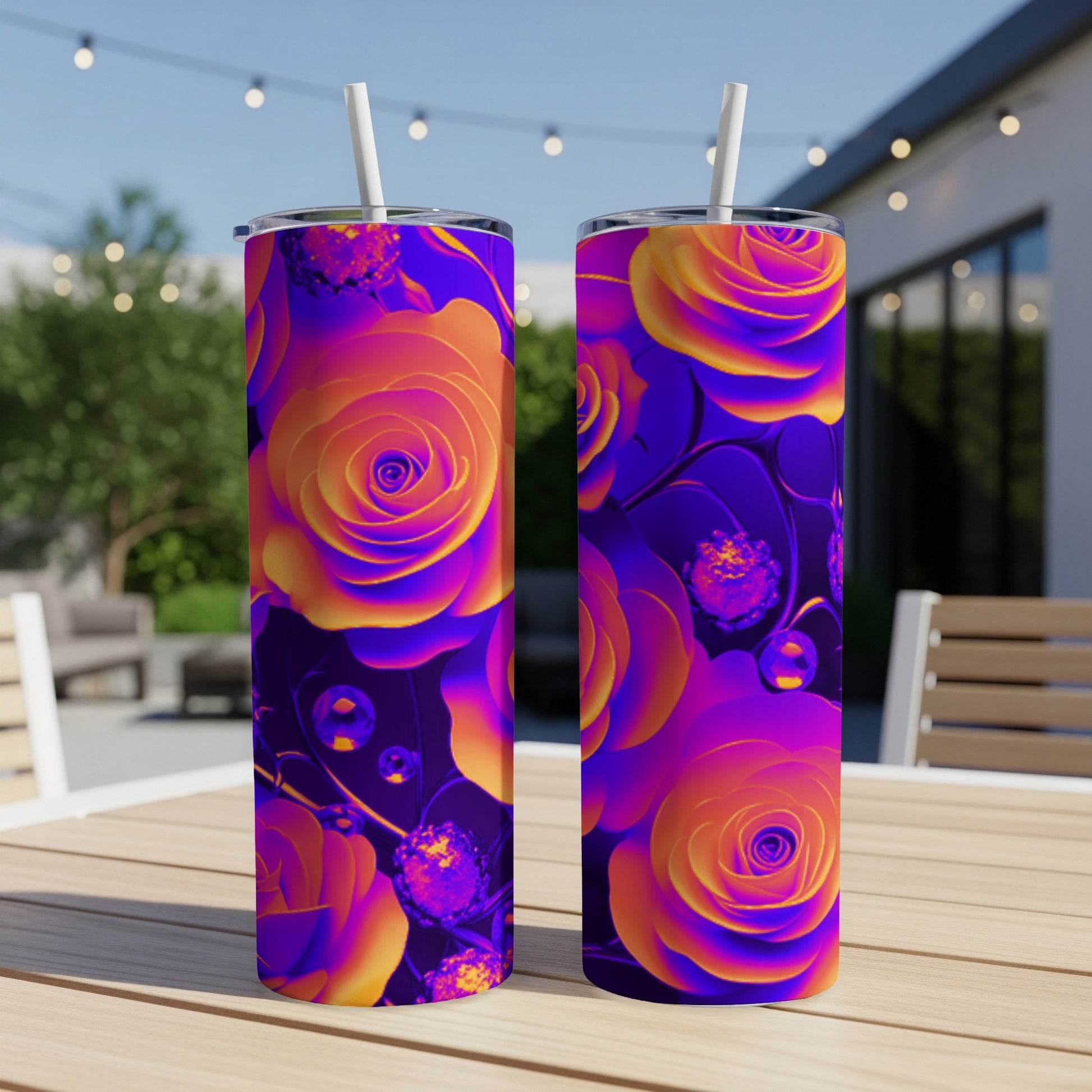 Two tumblers with a vibrant, abstract rose pattern on a table.