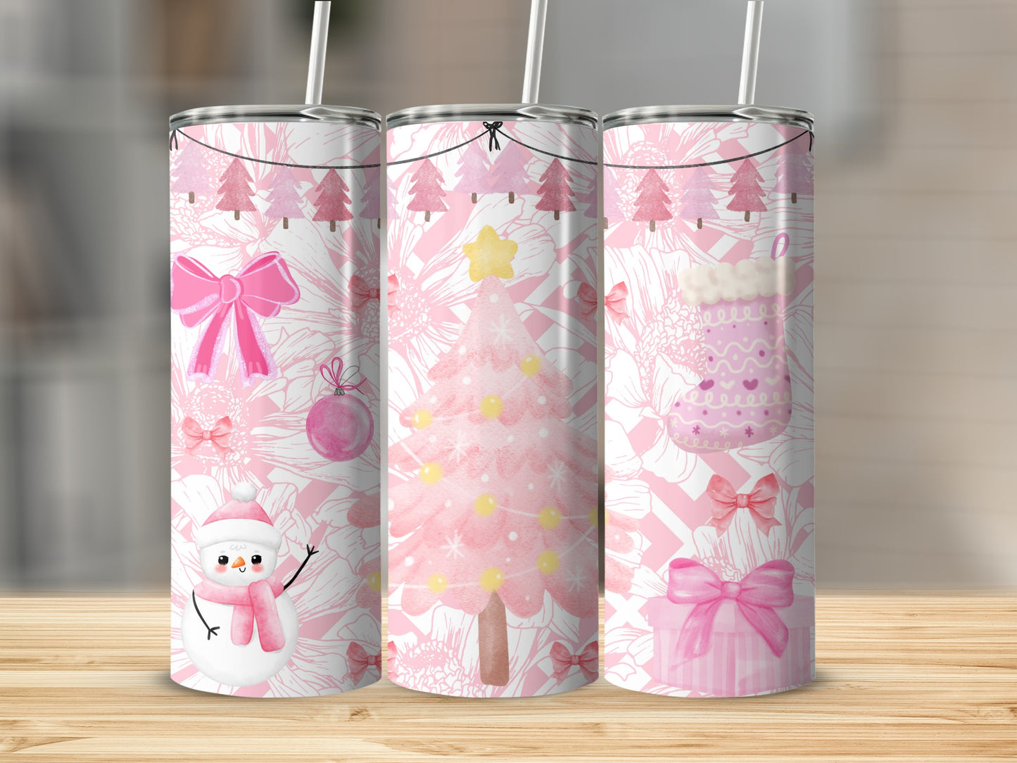 Pink Christmas Holiday Themed Tumbler Trio for Festive Cheer