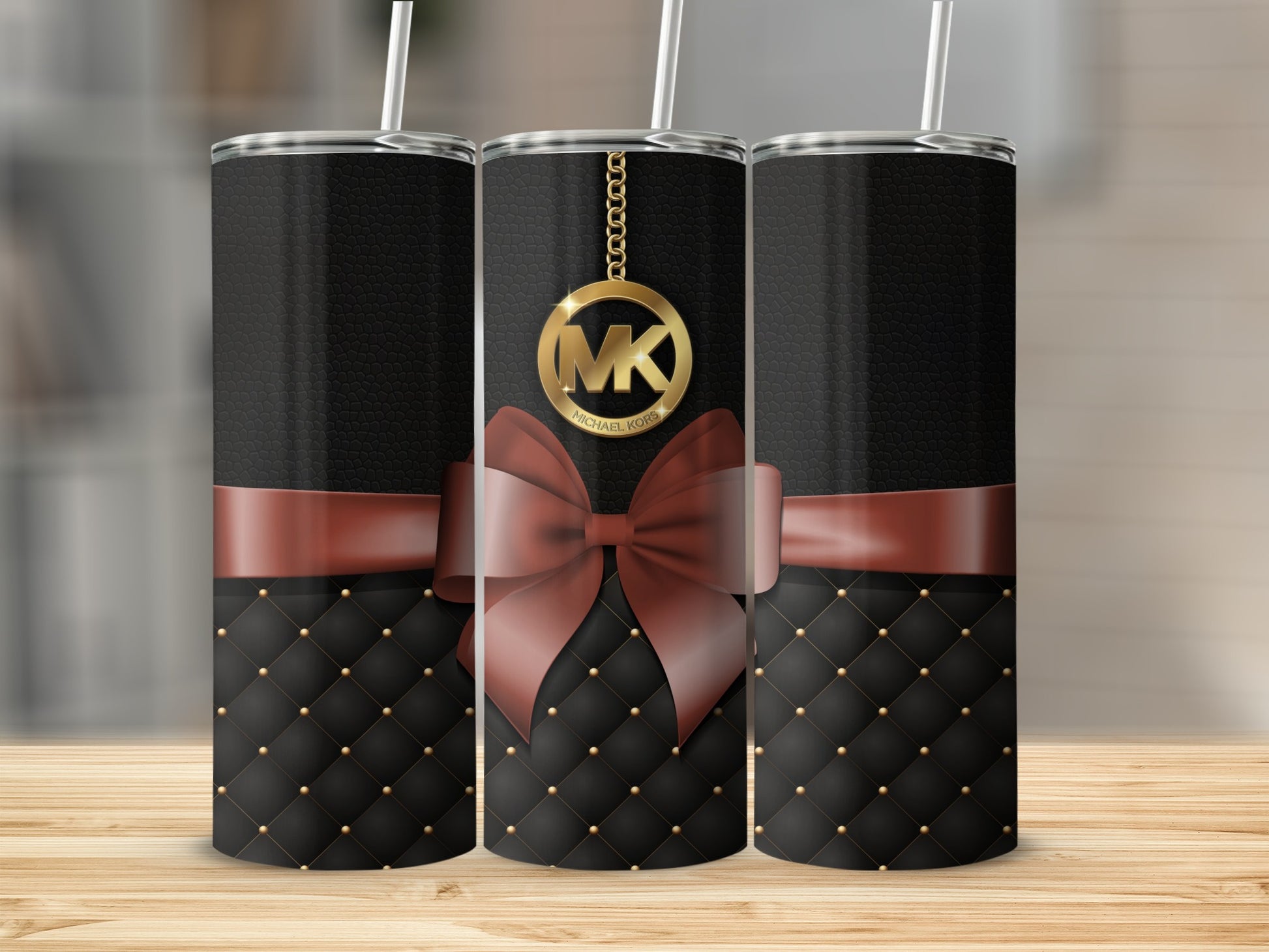 Elegant Quilted Pattern with Red Bow Tumbler Design