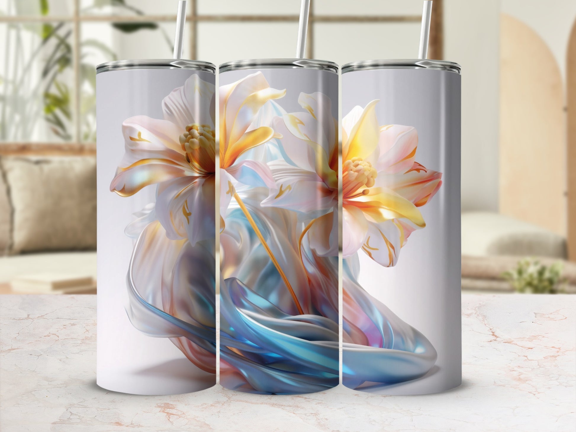 Three tumblers with a flowing floral and fabric design.