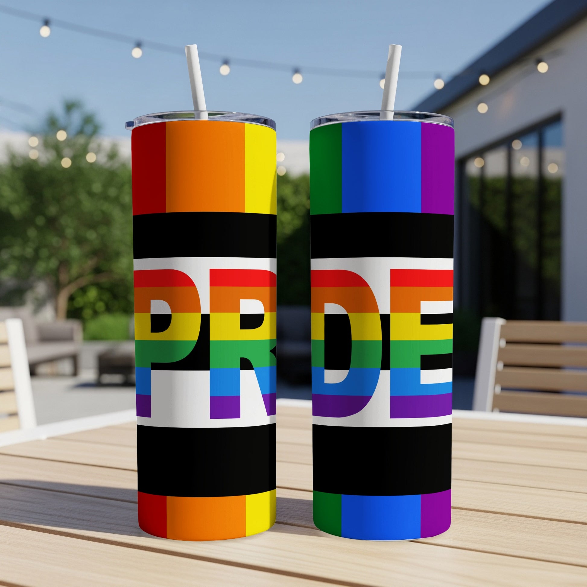 Two tumblers with rainbow stripes and "PRIDE" text.
