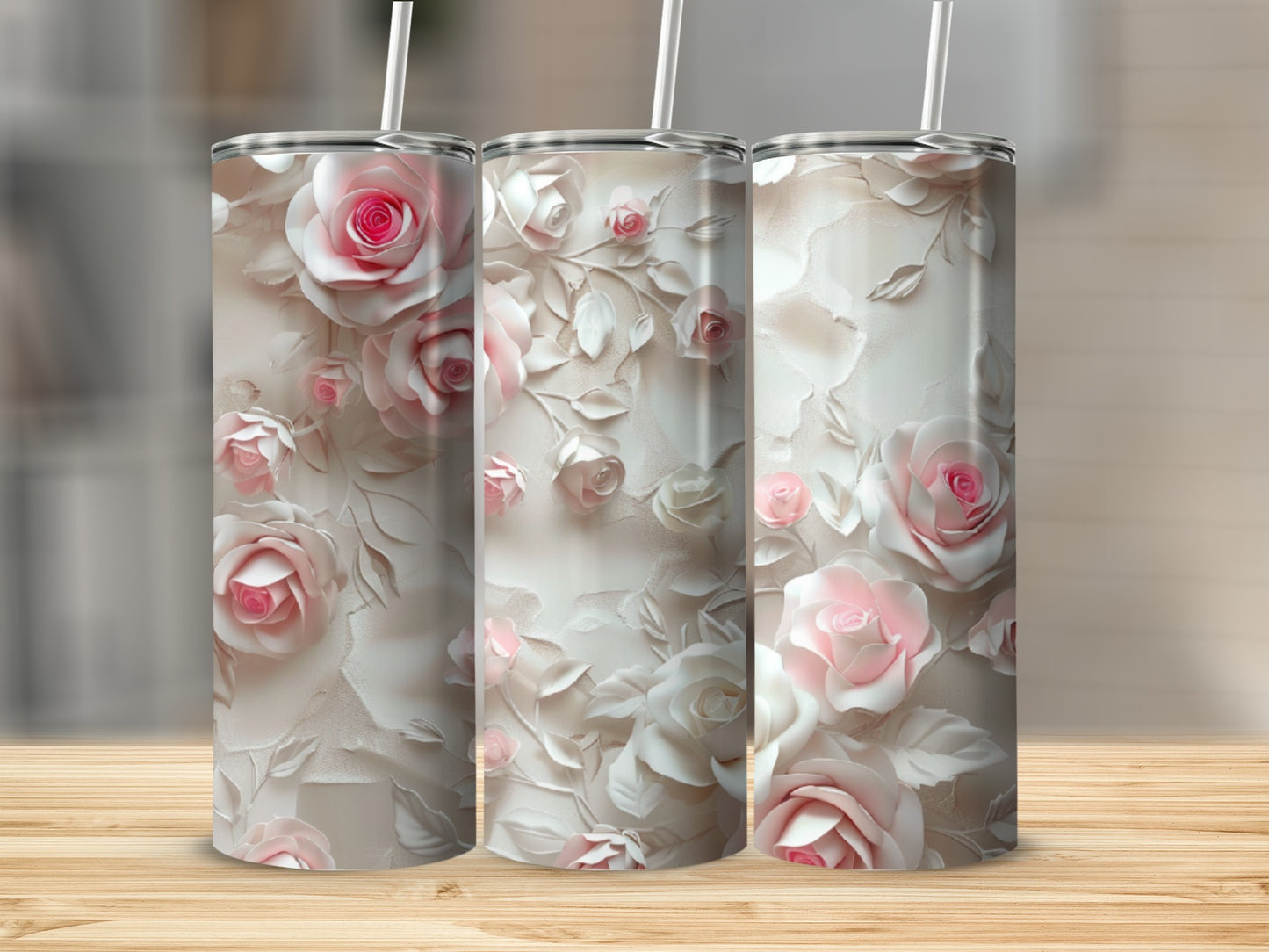 3D pink and white roses on a textured tumbler.