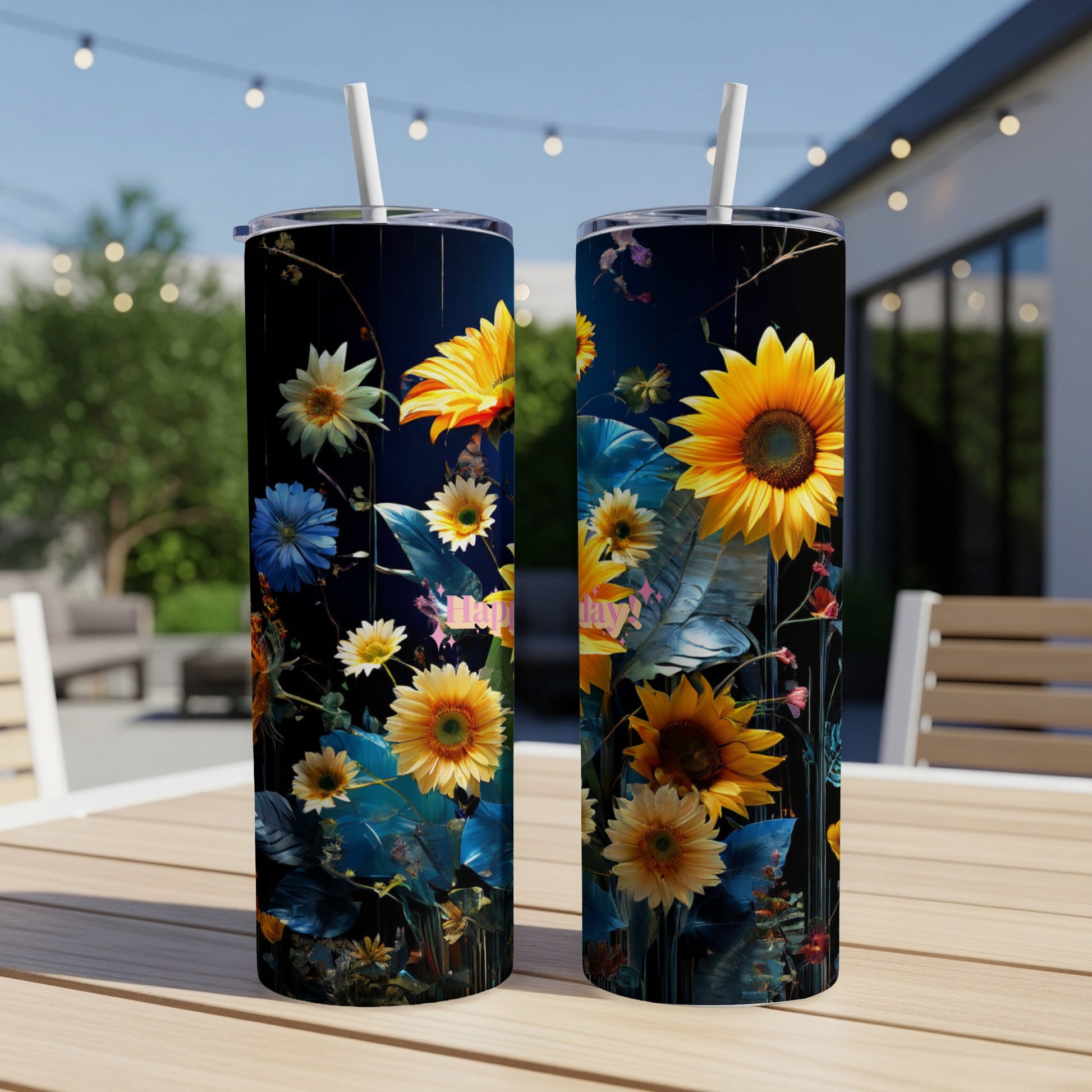 Two tumblers with a vibrant floral pattern featuring sunflowers and blue flowers.