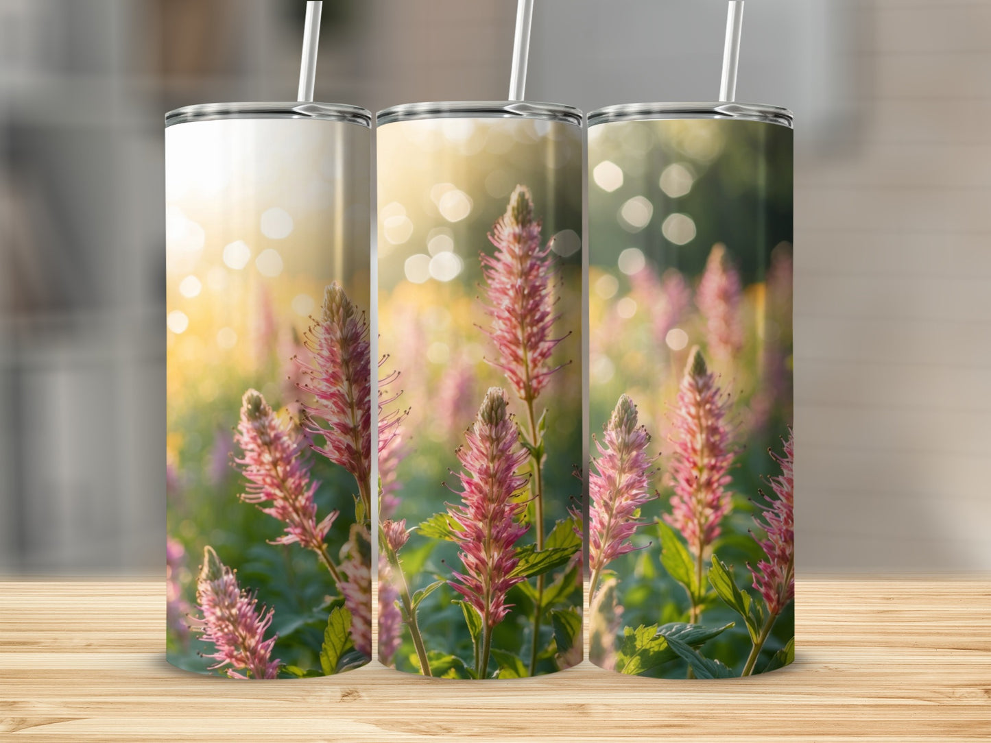 Three tumblers displaying pink flowers and bokeh lights against a blurred background.