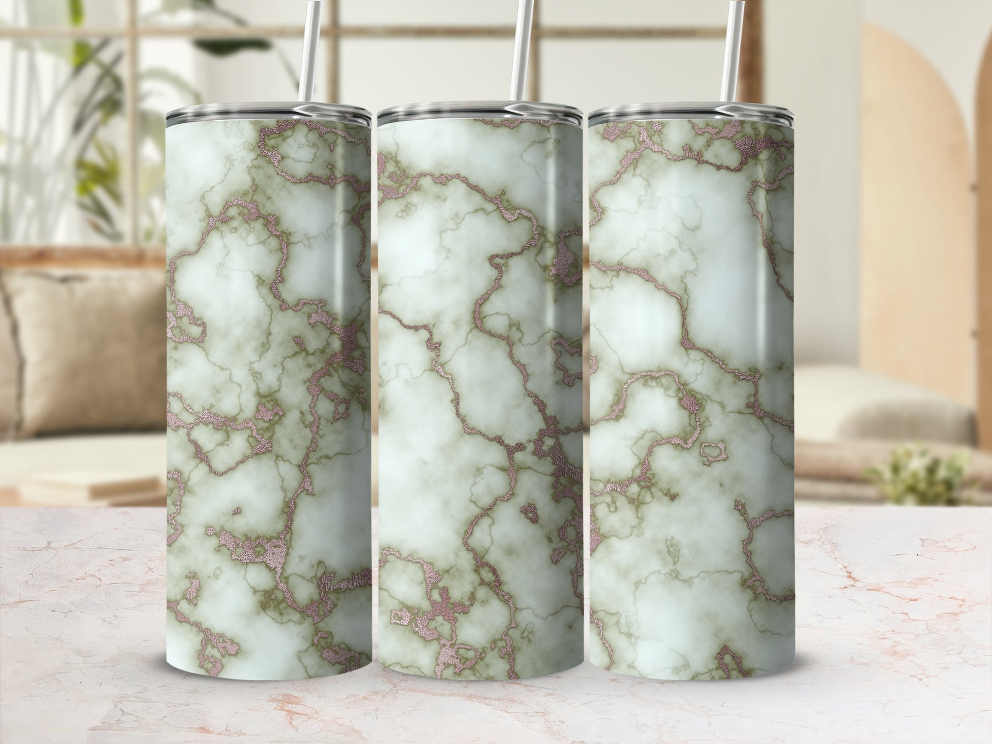 Rose Gold Glitter Veins White Green Marble Tumbler product type
