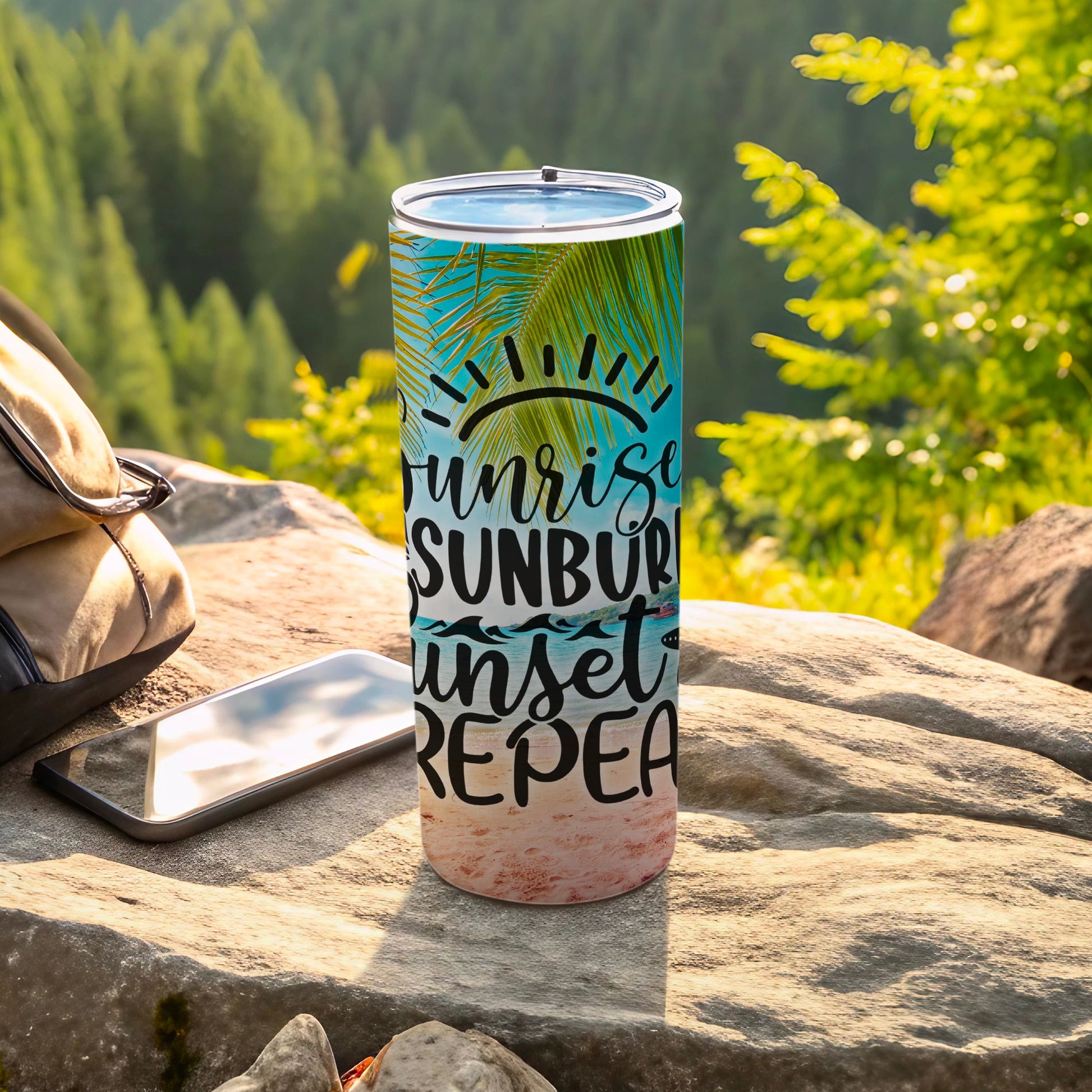 Sunrise, sunset, repeat text on a beach scene tumbler with palm fronds.