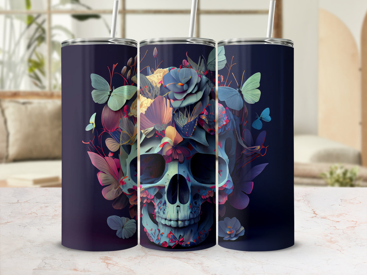 Floral Skull and Butterflies Tumbler Cup