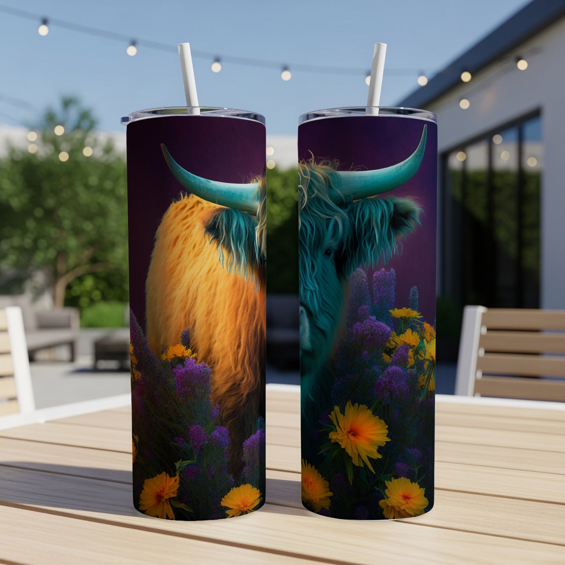 Highland cow illustration on a tumbler surrounded by purple and yellow flowers.