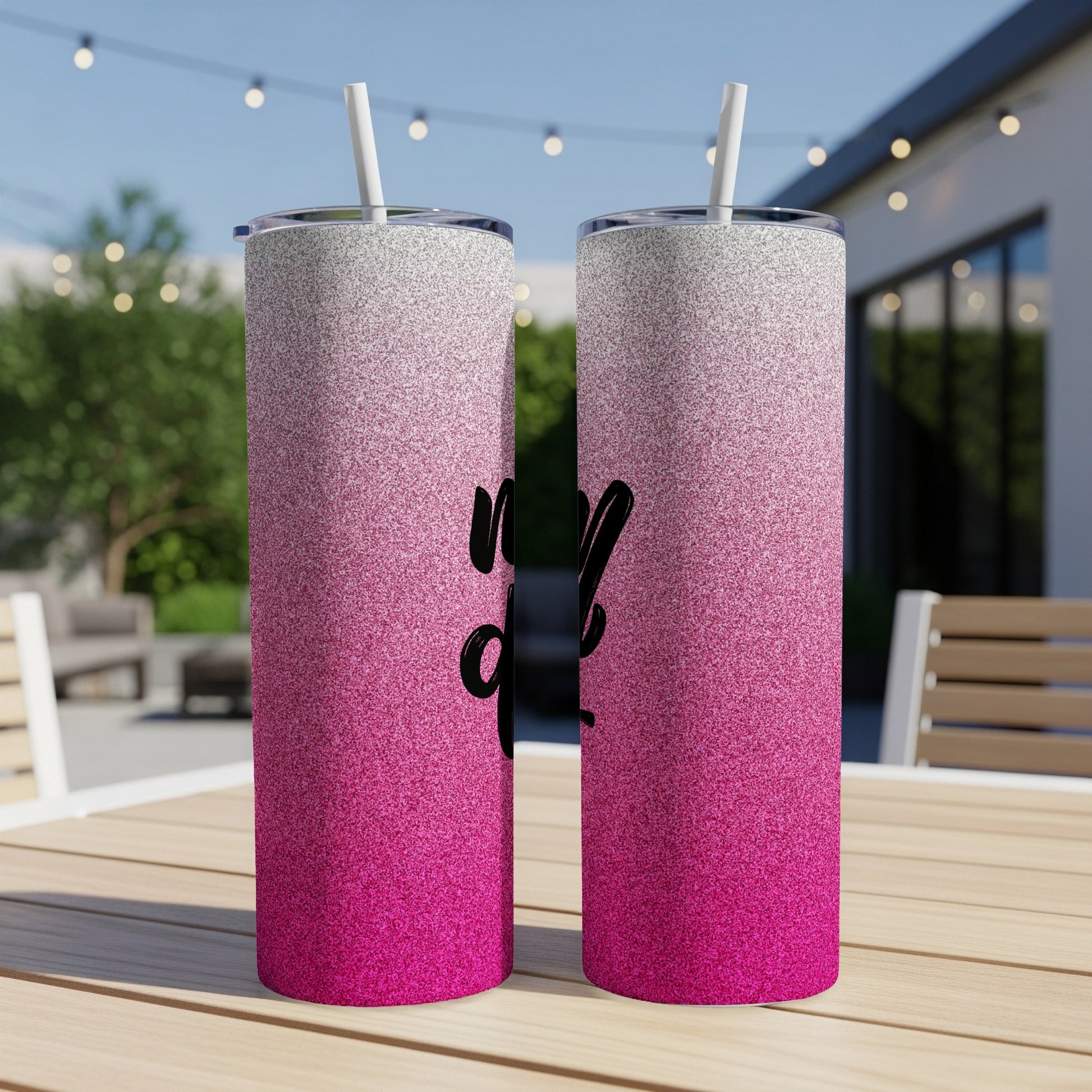 Two tall tumblers with pink glitter gradient and "Mama" text.