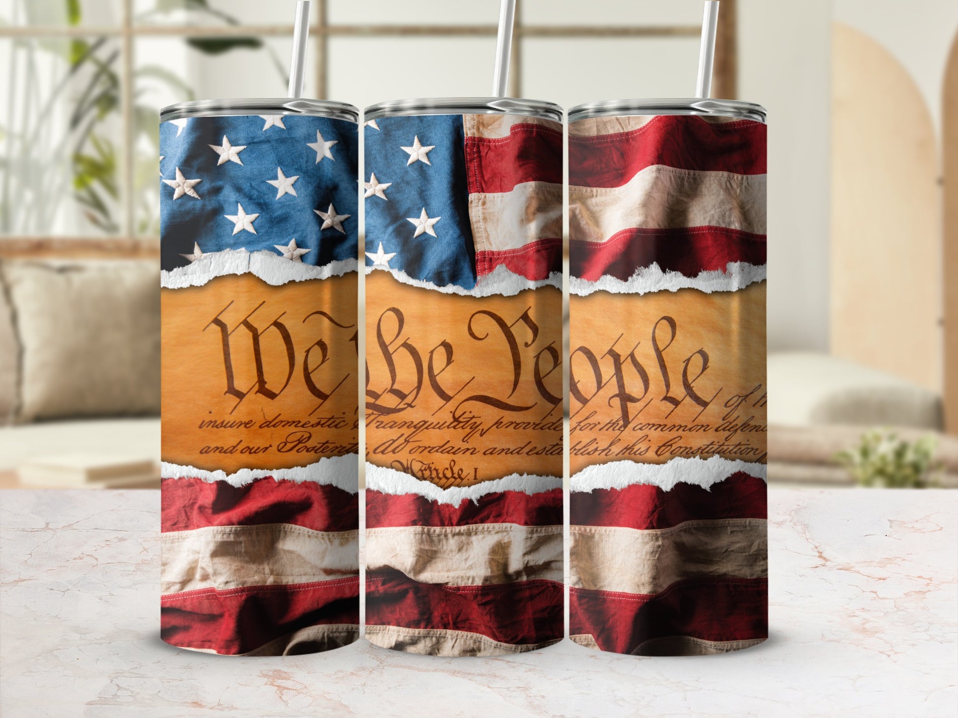 Tumblers with the US Constitution text and American flag design.