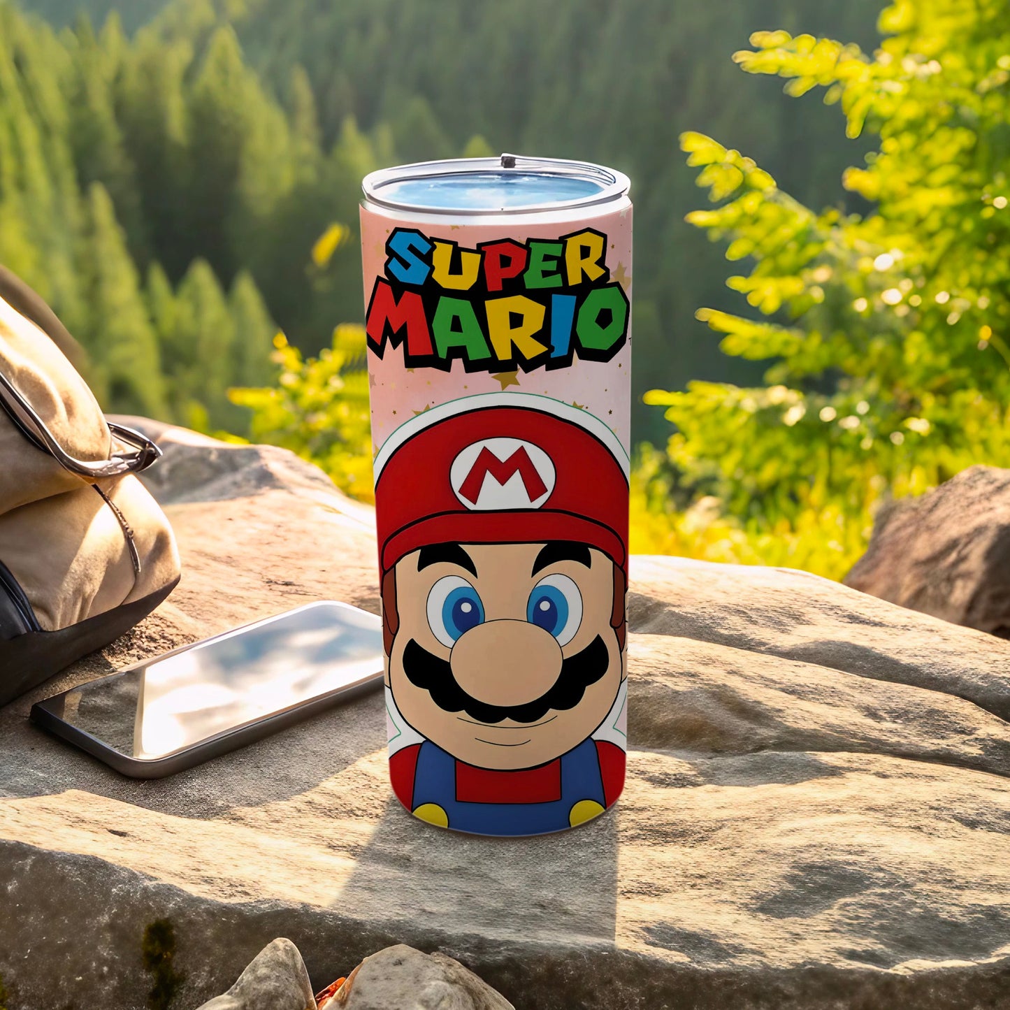 Super Mario themed travel tumbler with cartoon design