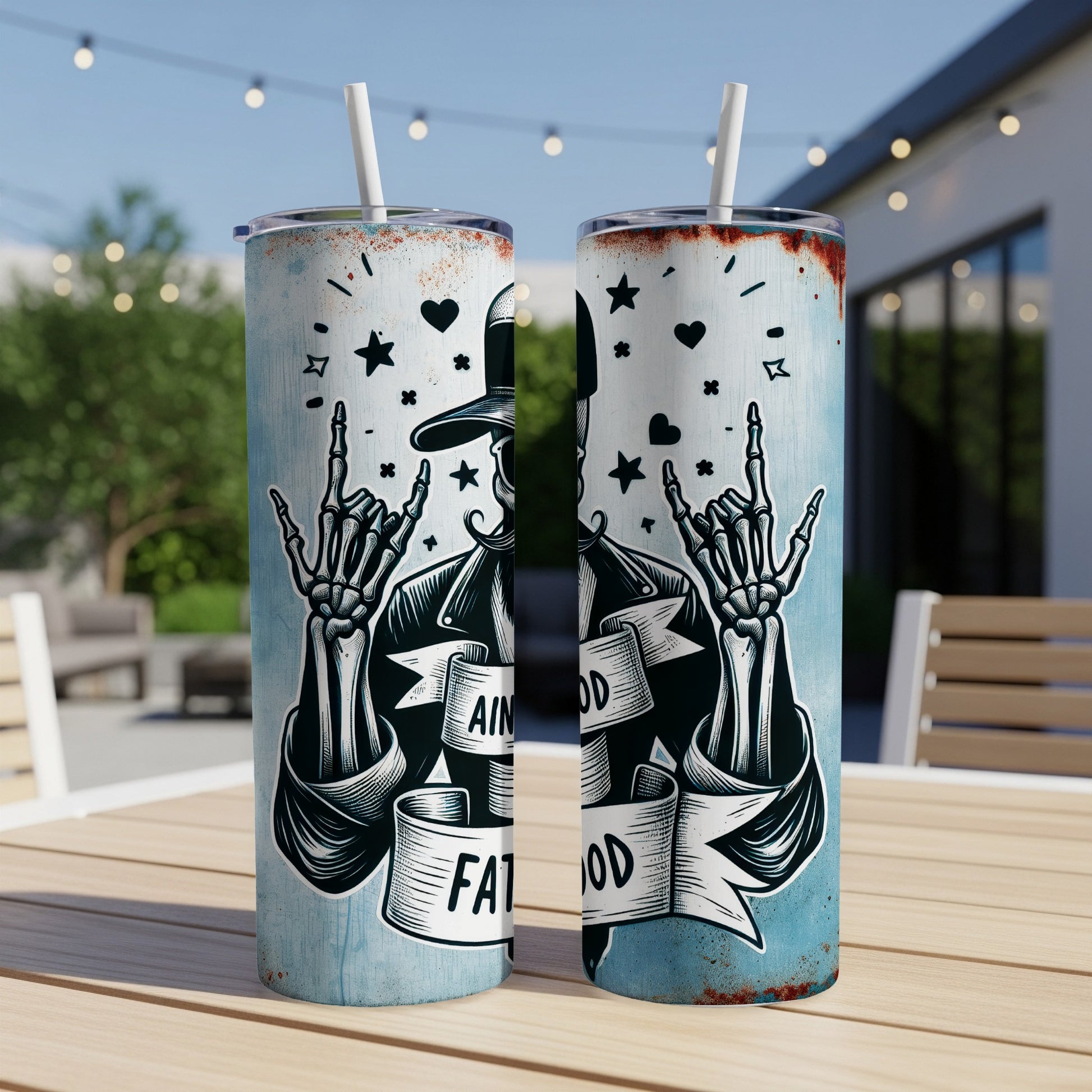 Skeleton in hat and leather jacket making rock on gesture on tall blue tumbler.
