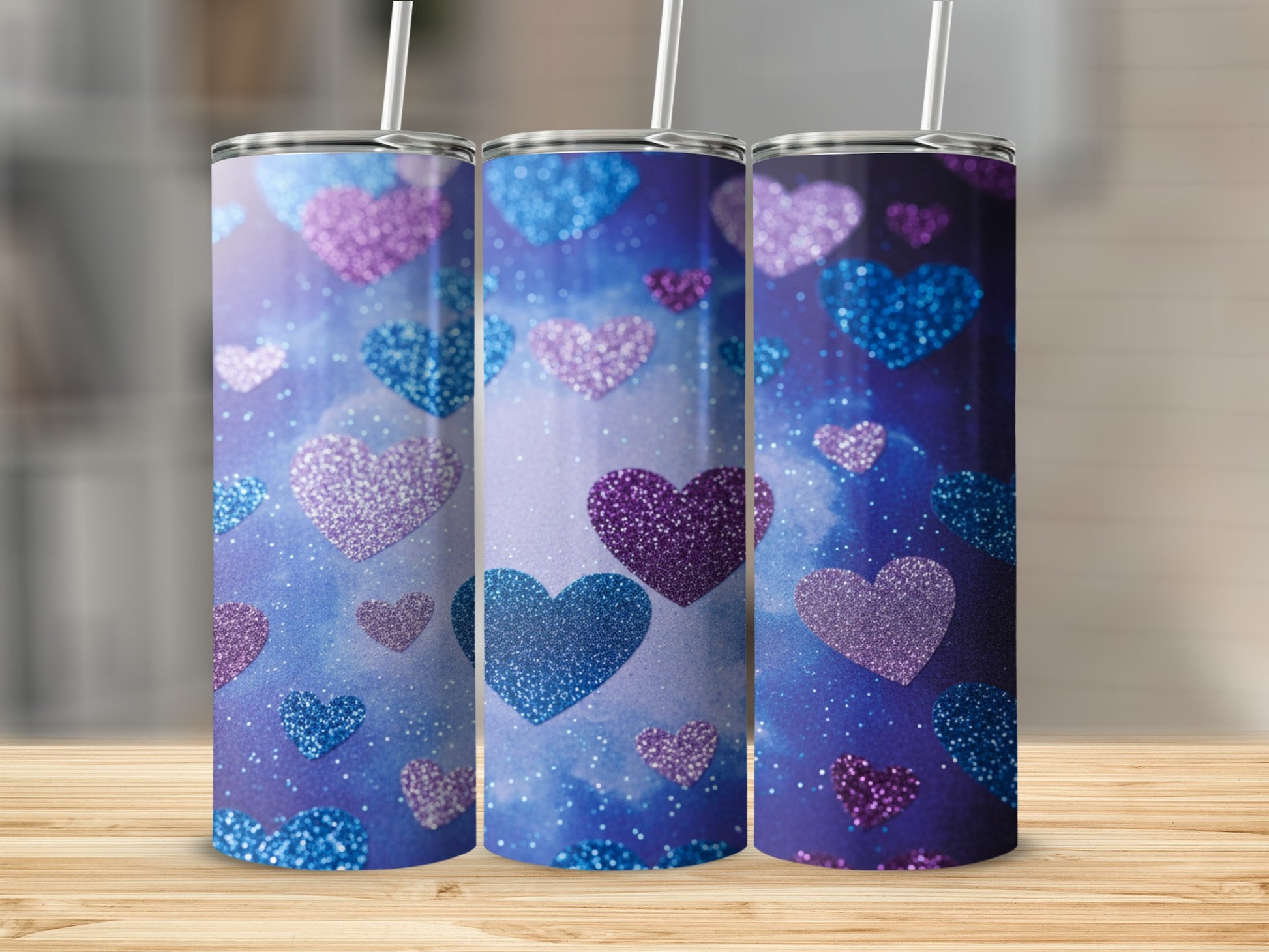 Glittery Hearts on Stardust Background Tumbler Cup