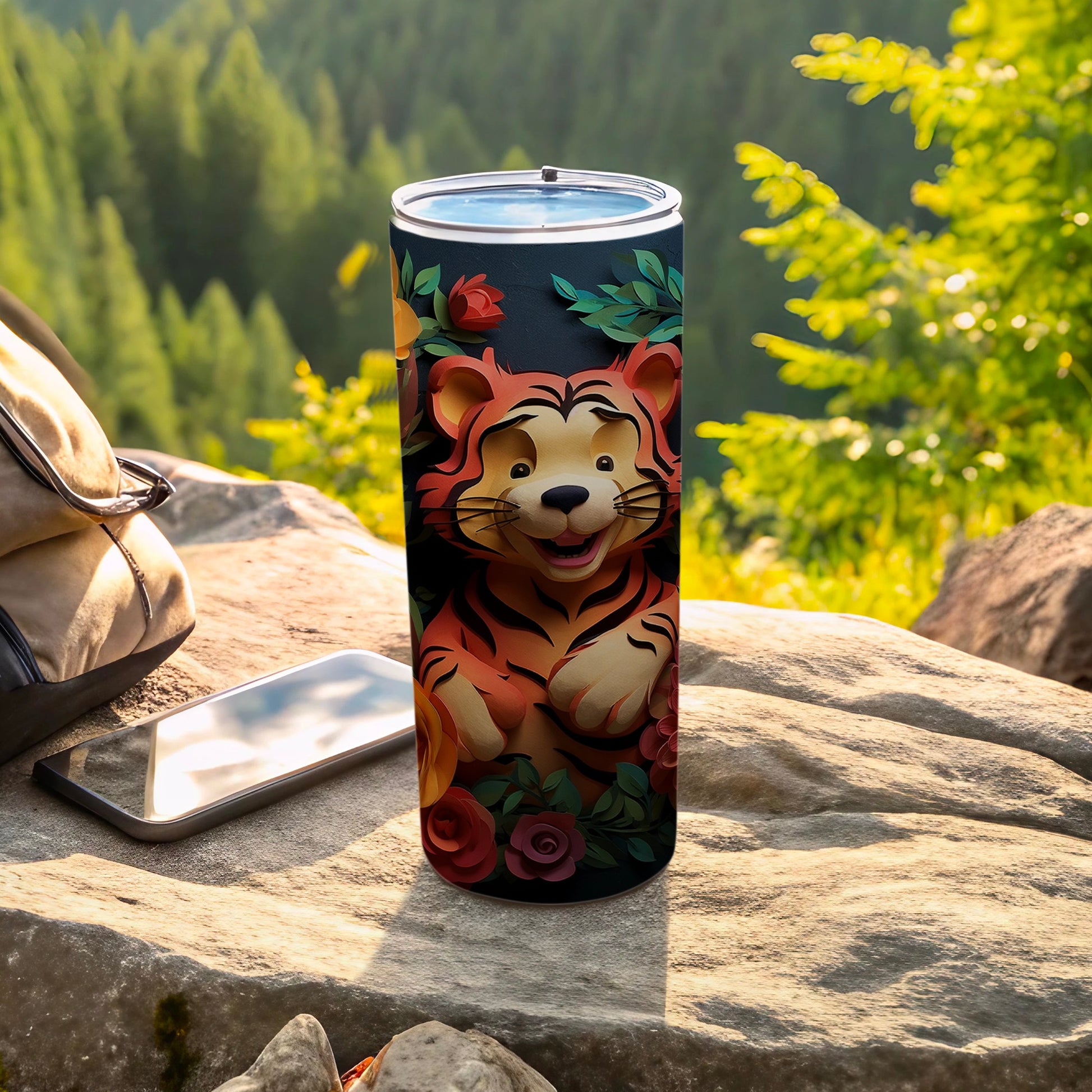 Cute Tiger Travel Mug with Floral Design 20 oz Tumbler