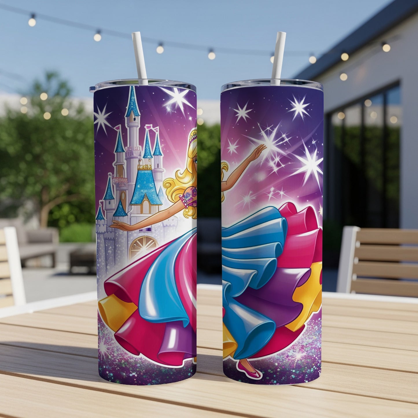 Two tumblers featuring Barbie in a sparkly, colorful dress in front of a castle.