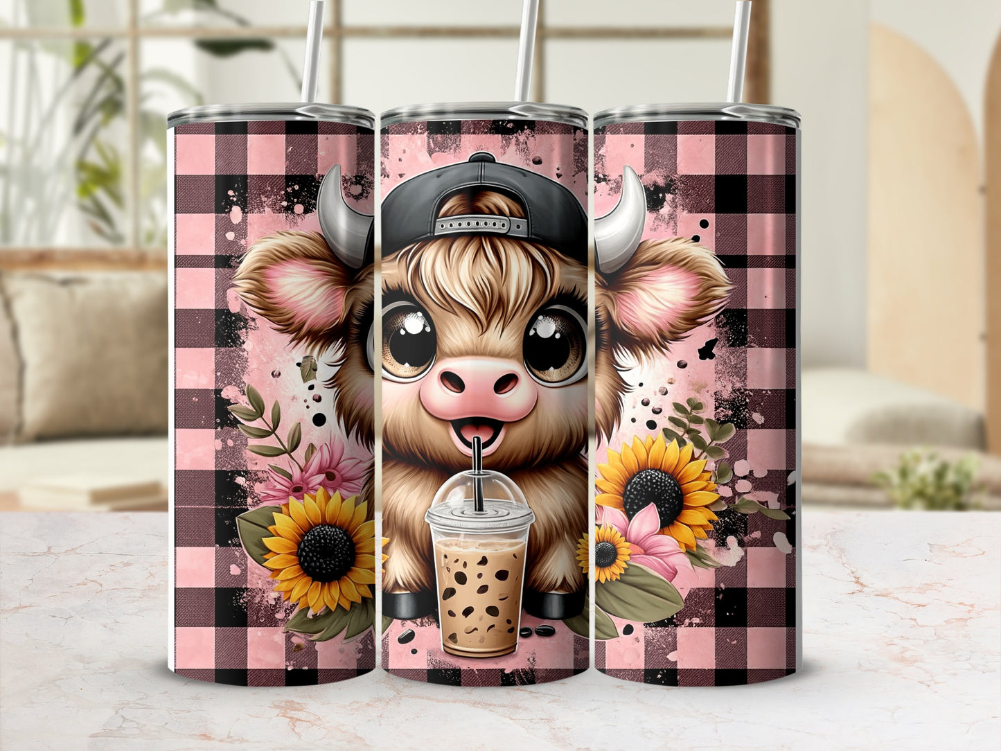 Cute cartoon cow wearing a baseball cap holding a bubble tea.