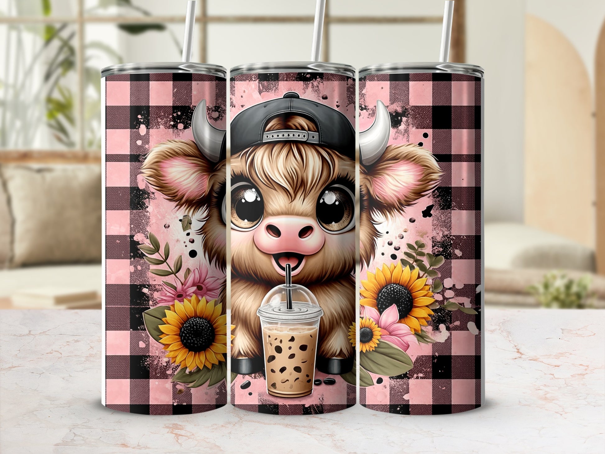 Cute cartoon cow wearing a baseball cap holding a bubble tea.