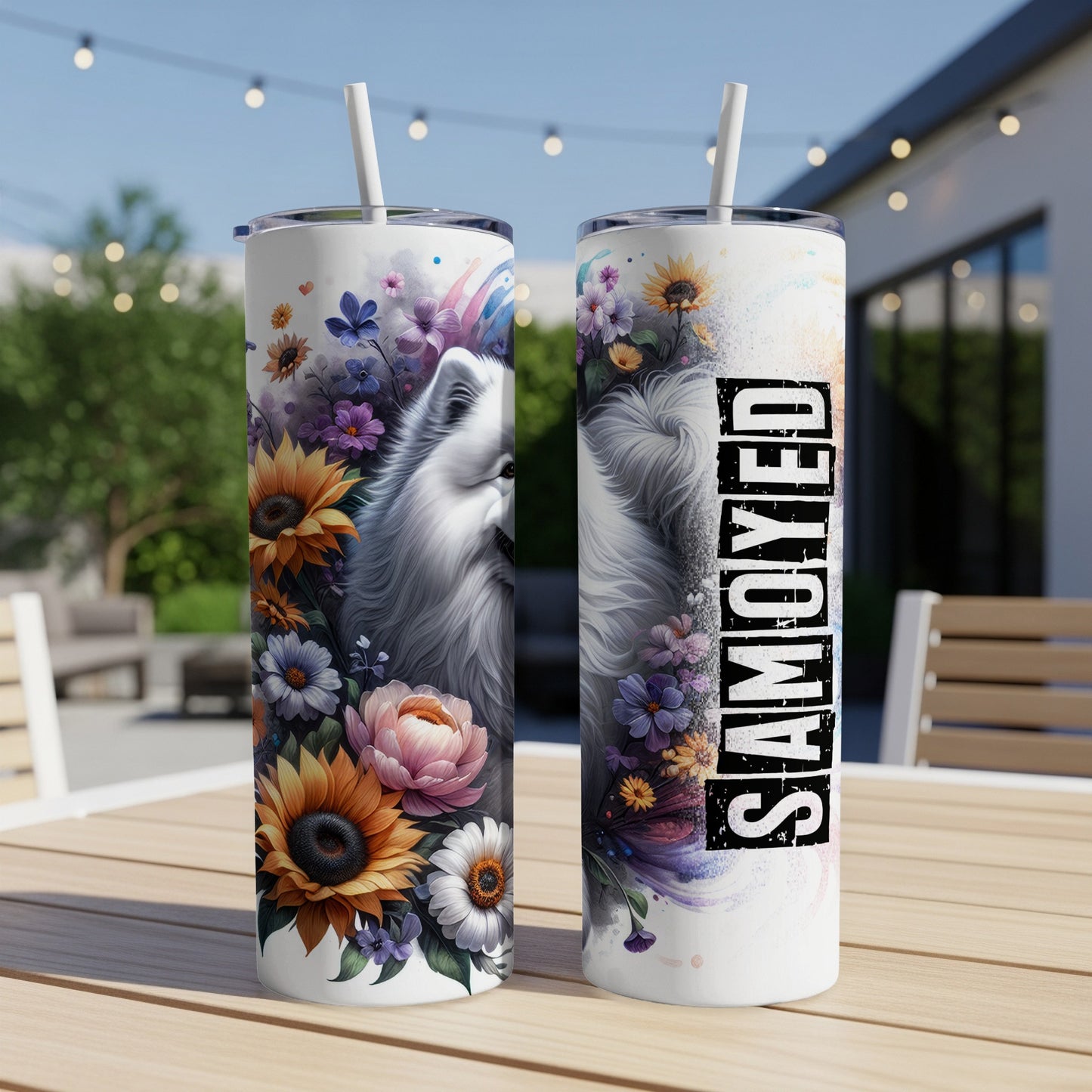 Samoyed dog portrait with sunflowers and colorful floral accents on a tumbler.