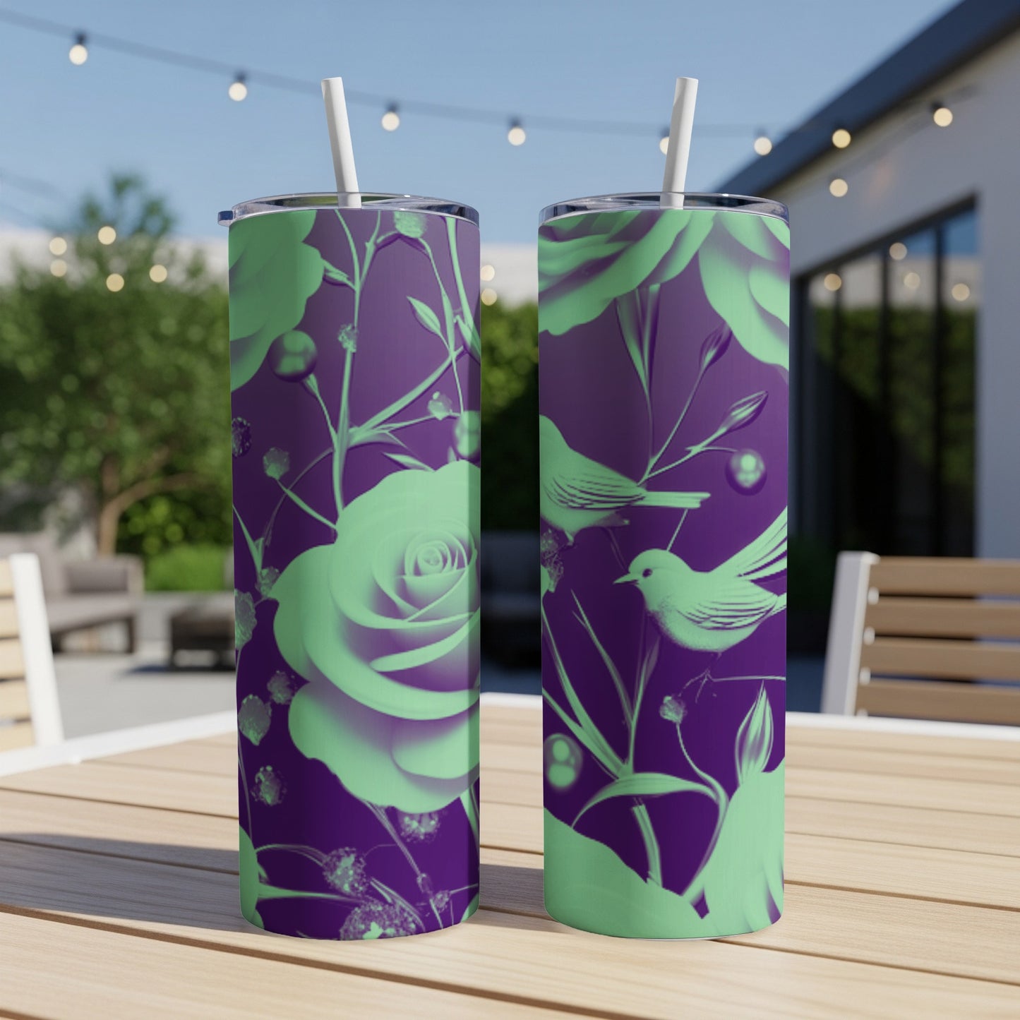 Two purple tumblers with mint green floral and bird patterns on a table.