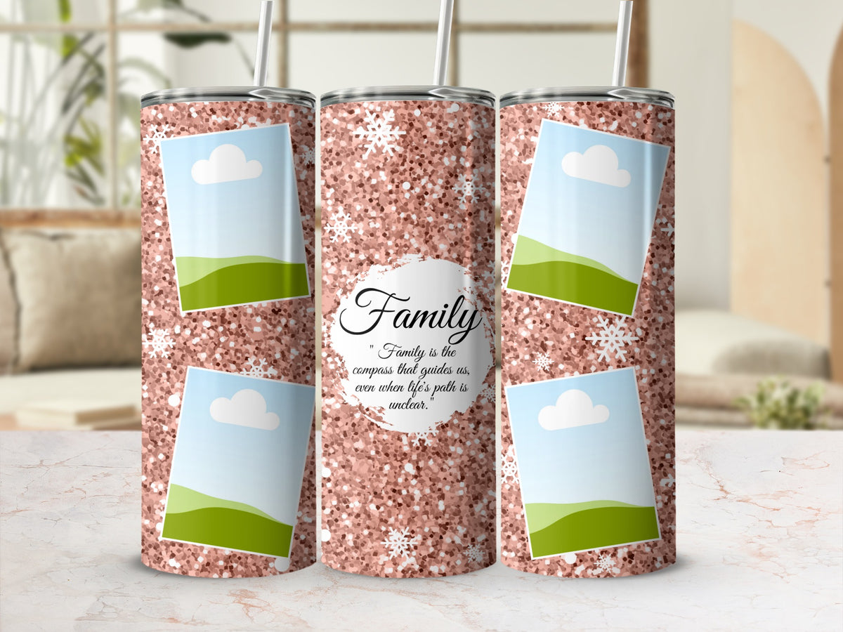 Rose gold glitter tumbler with snowflakes and "Family" quote.