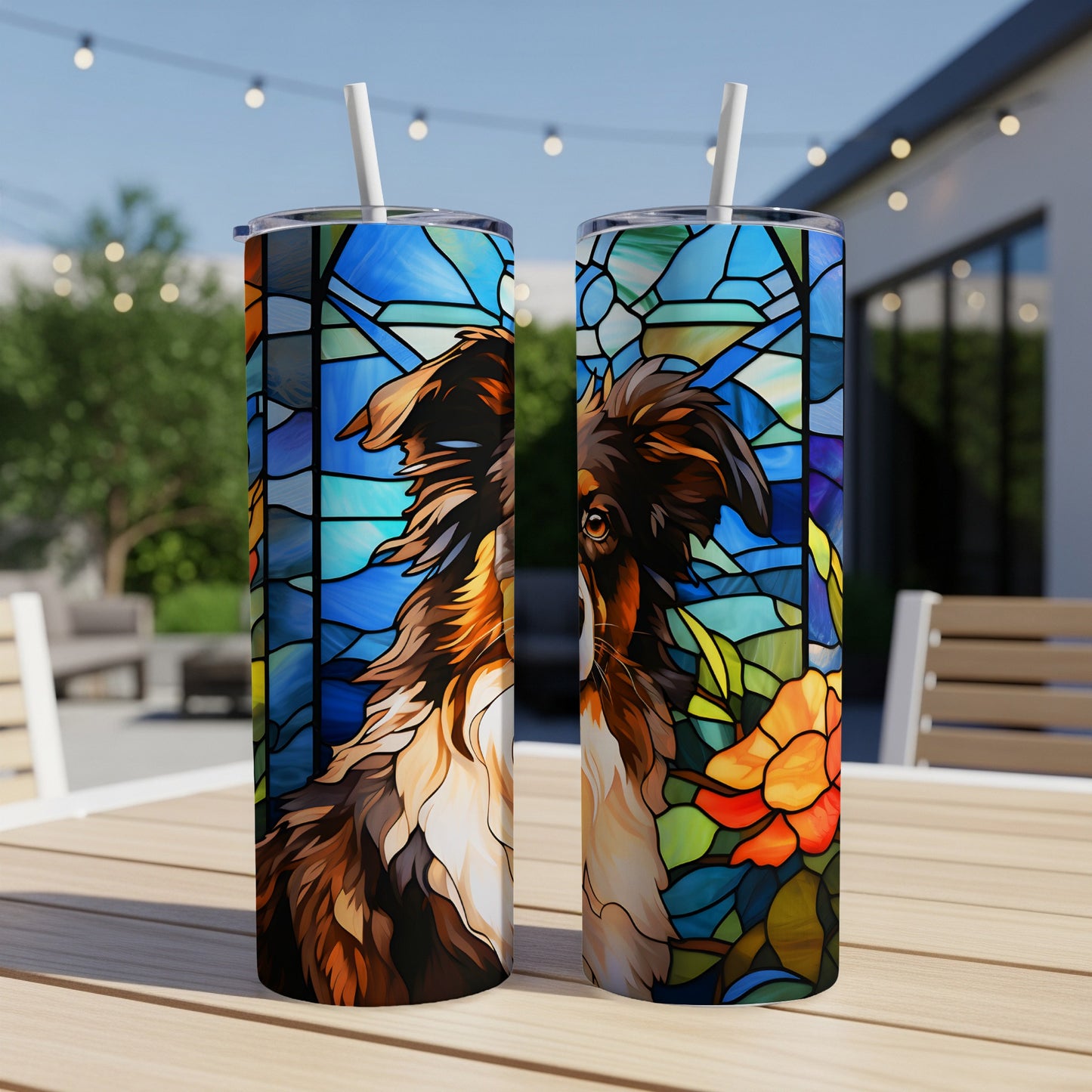Stained glass style portrait of a dog on two tumblers.