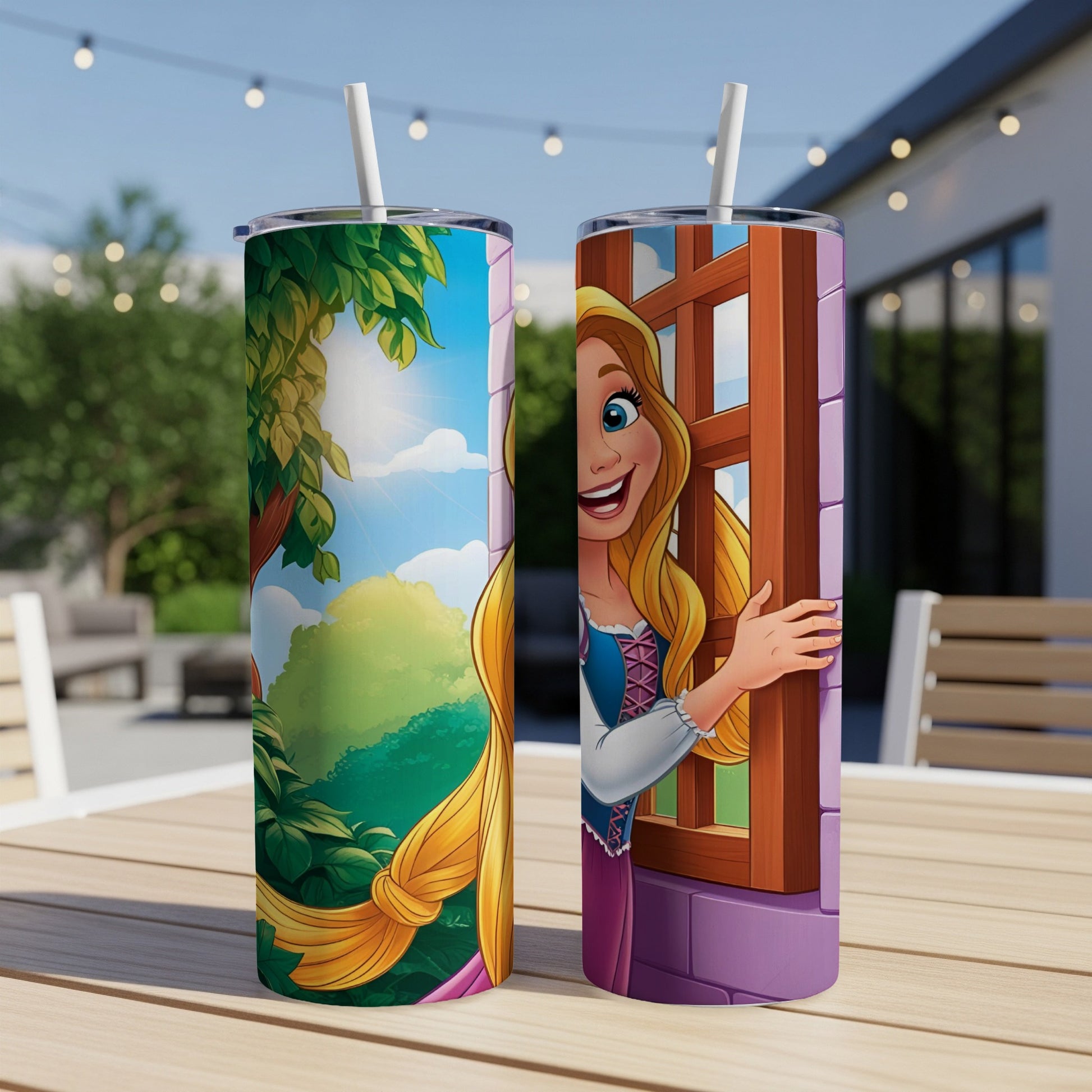Rapunzel peeks from a window on a double-sided tumbler.