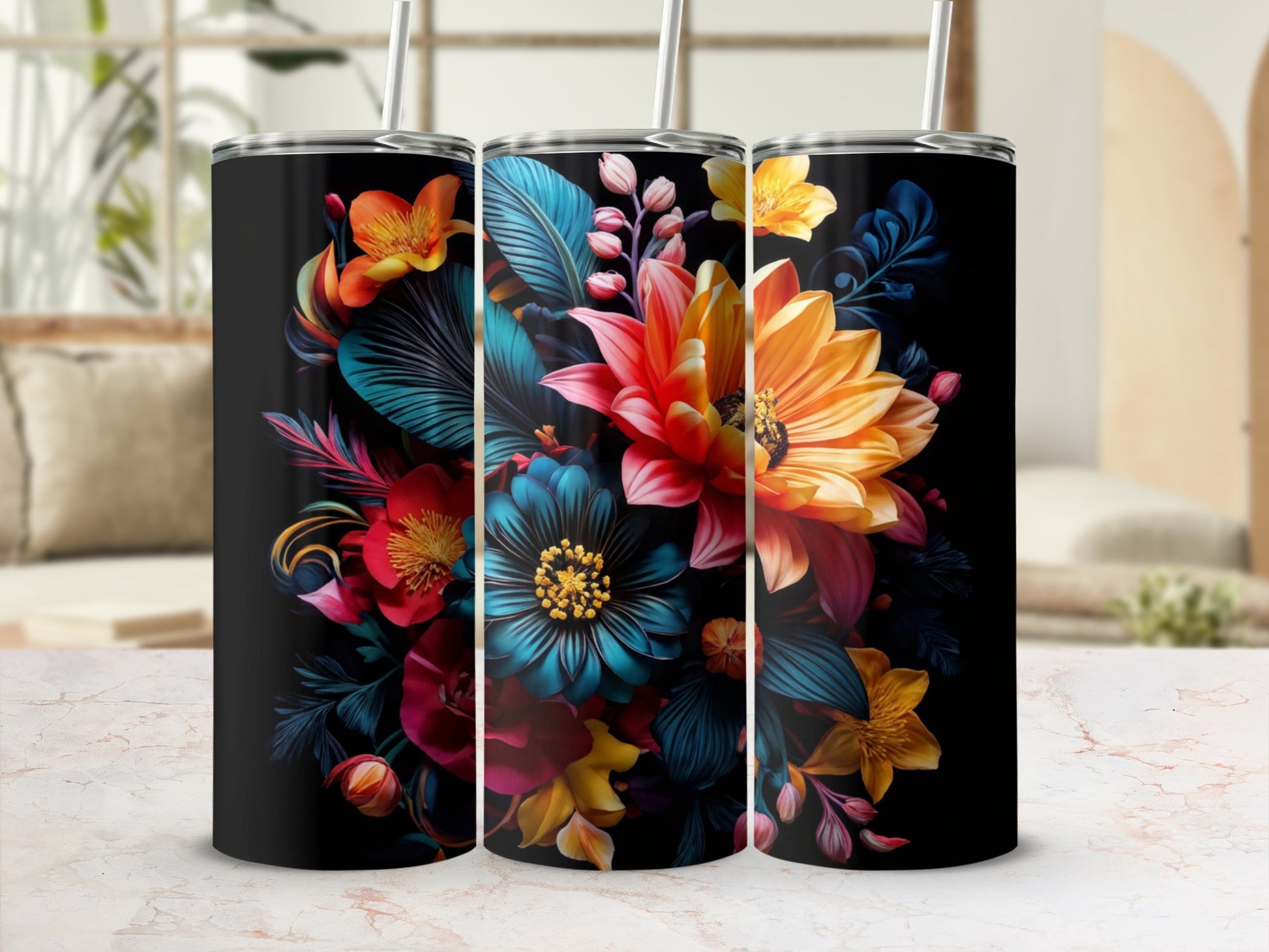 Black tumbler with vibrant, stylized floral design featuring oranges, blues, and reds.