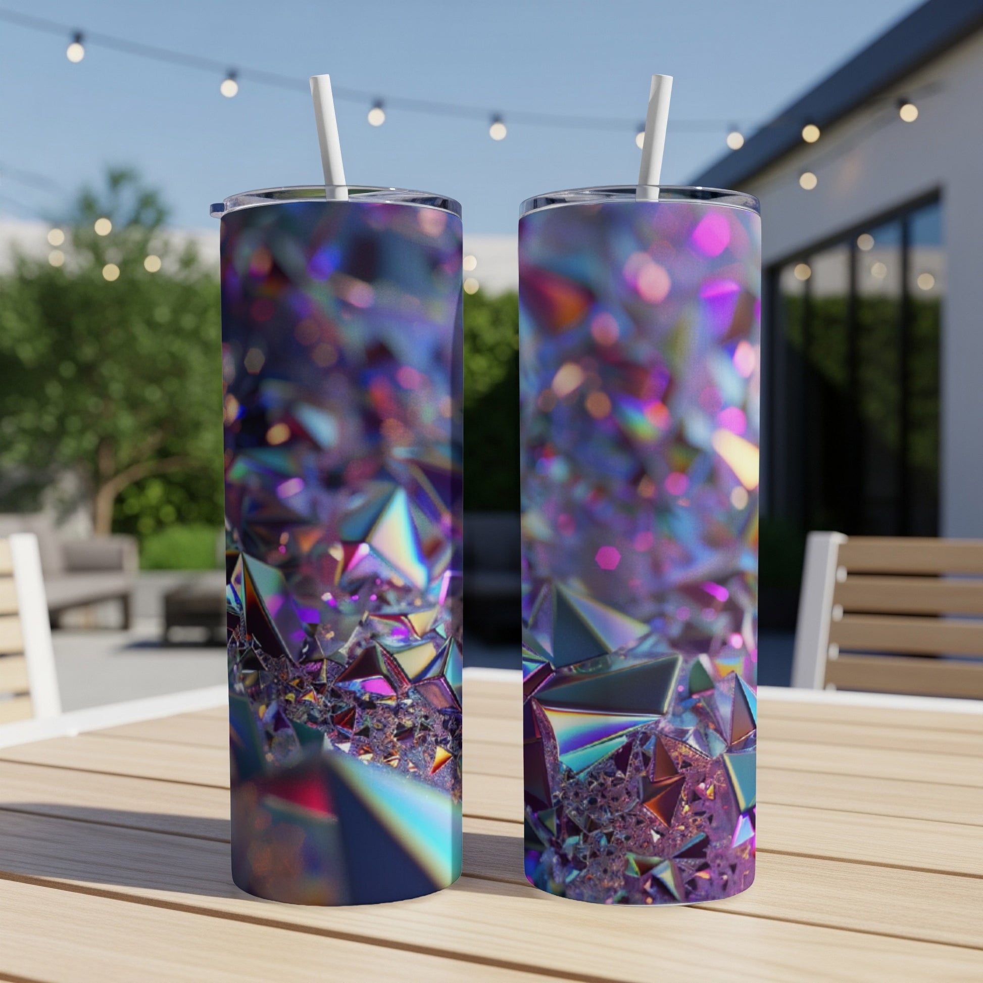 Two tumblers with iridescent, faceted geometric patterns on a wooden table outdoors.