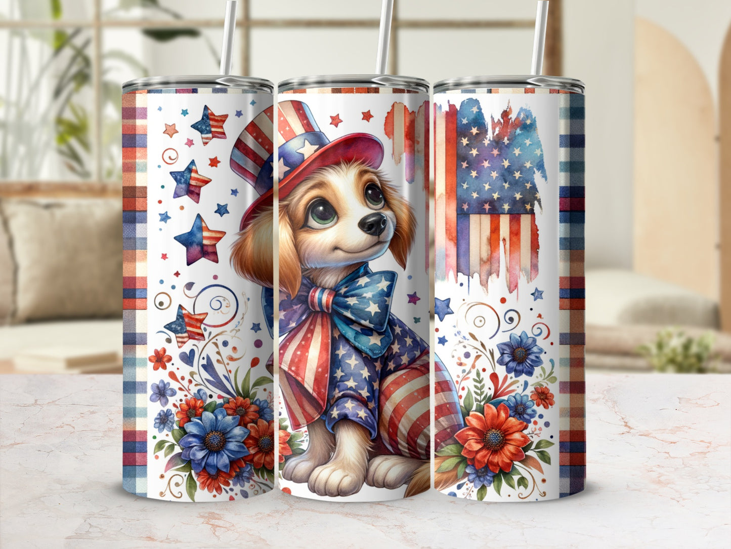 Dog in patriotic outfit and hat with flag and floral accents.