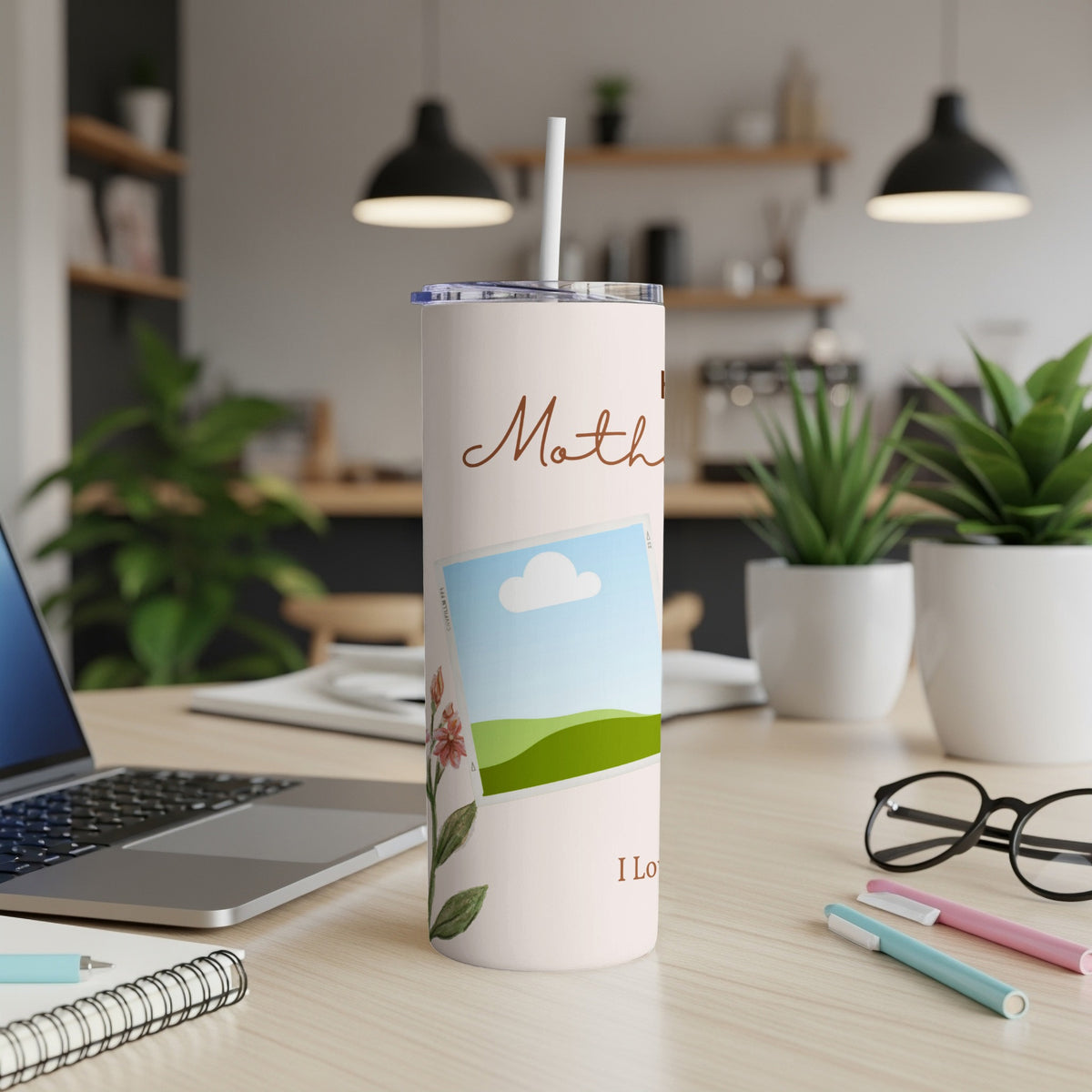 Beige tumbler with "Mother" and "I Love You" text, floral design, and photo insert.